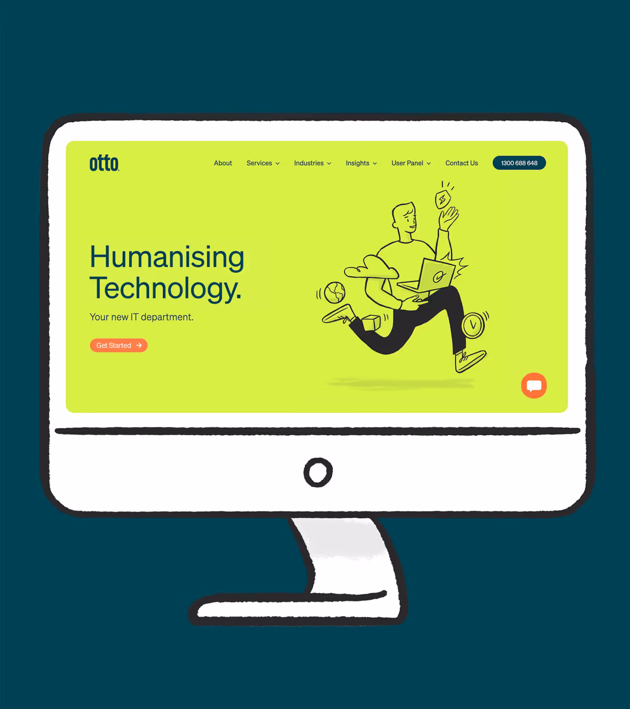 Illustration of a computer screen showing a website with yellow-green background, headline 'Humanising Technology,' navigation menu, and a running man holding a laptop.