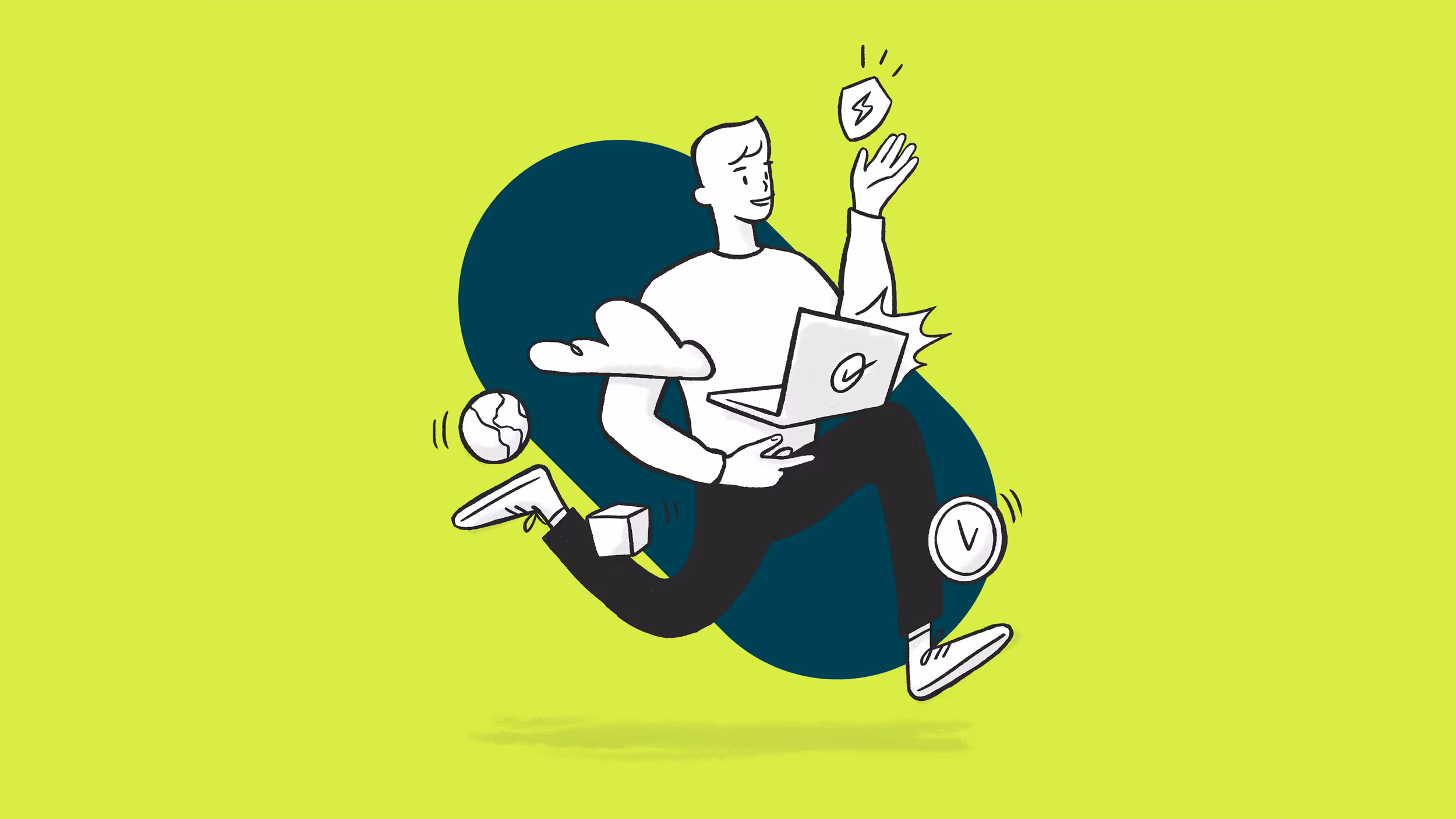 Illustration of a person running with a laptop, surrounded by icons of a clock, cloud, globe, cube, and shield.