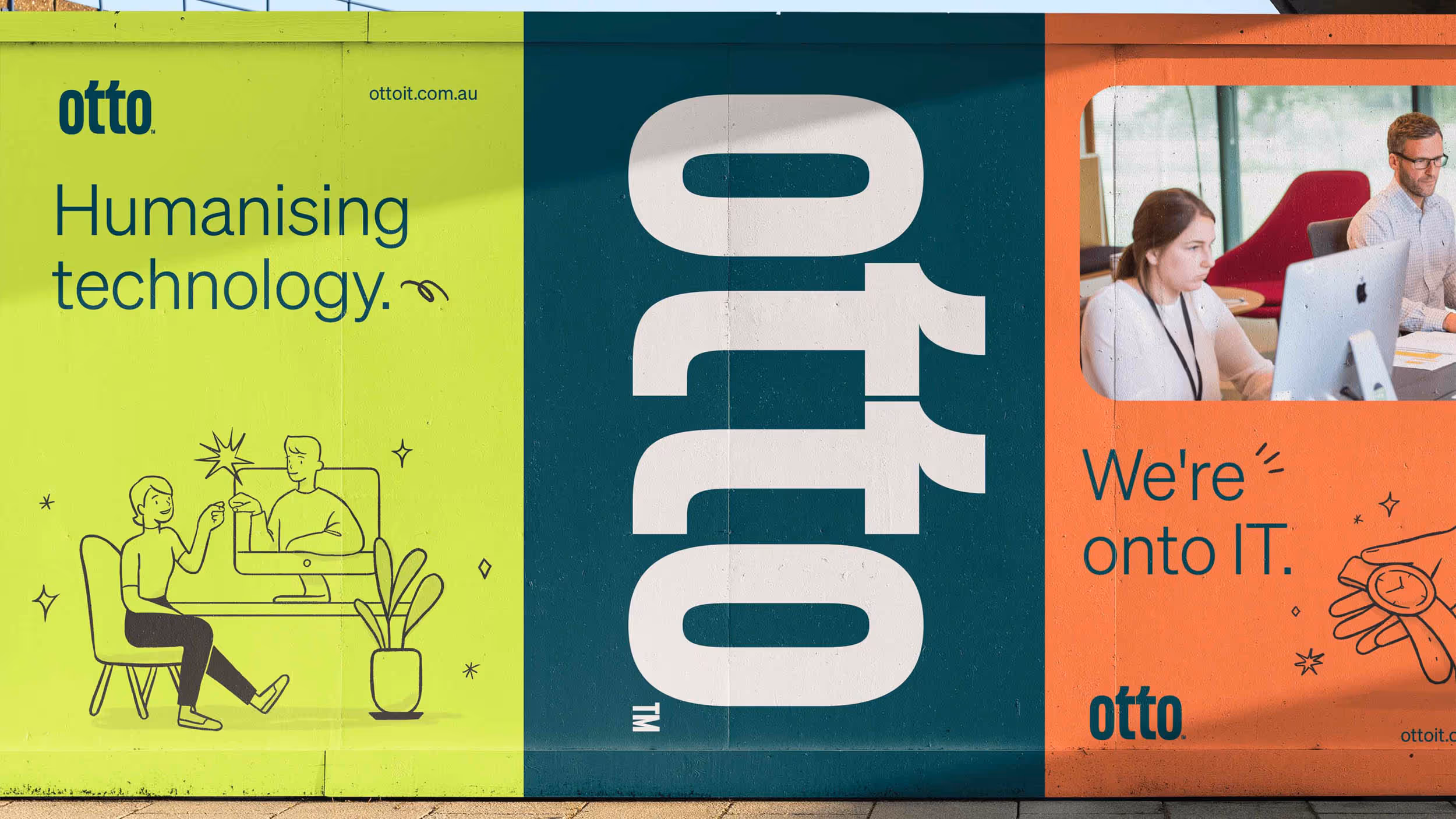 Colorful wall mural with three panels showing Otto branding, illustrations of two people interacting through a computer, and two office workers at desks with text 'Humanising technology.' and 'We're onto IT.'