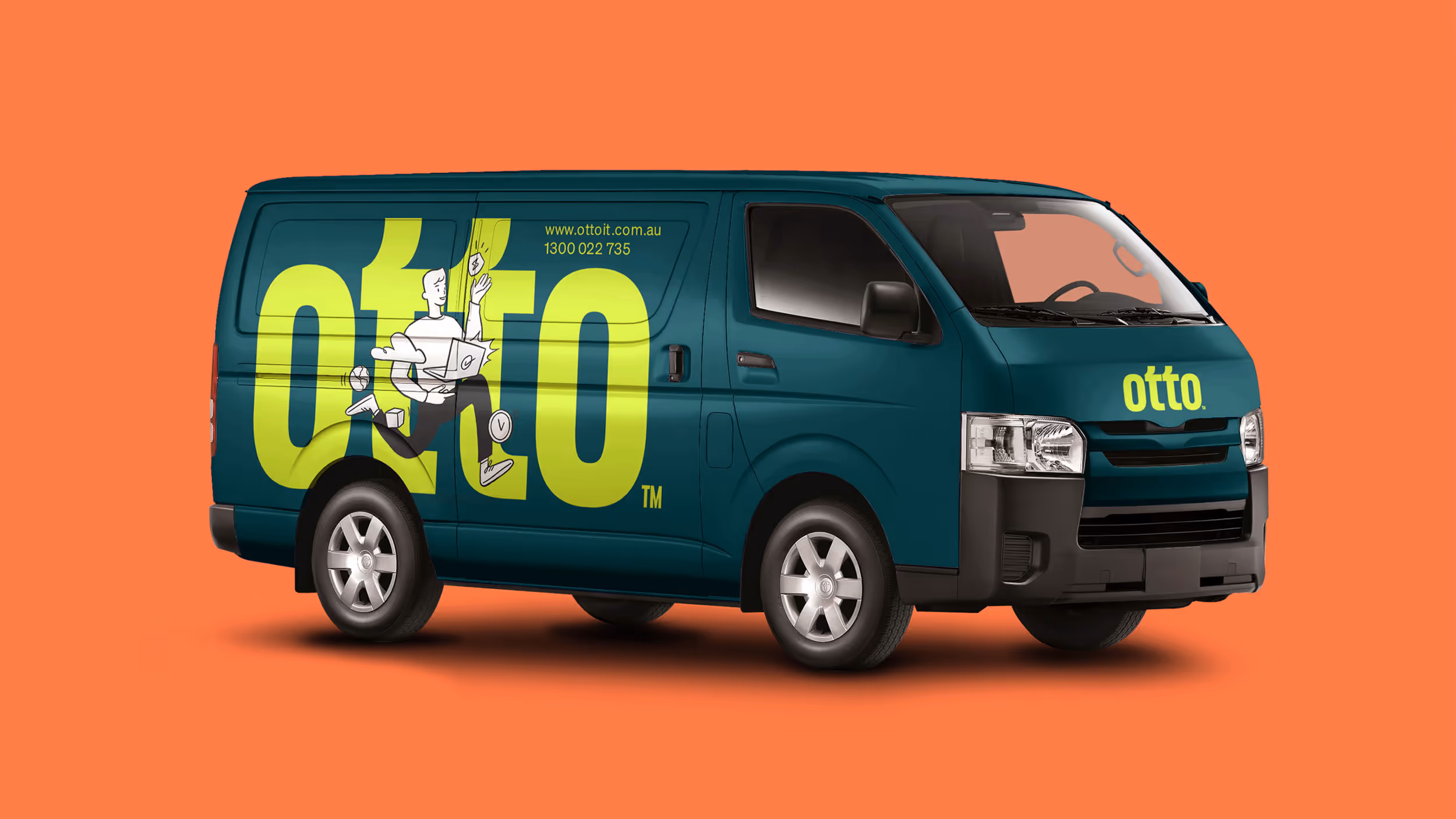 Teal delivery van with large lime green text 'otto' and an illustration of a person juggling packages on the side, set against an orange background.