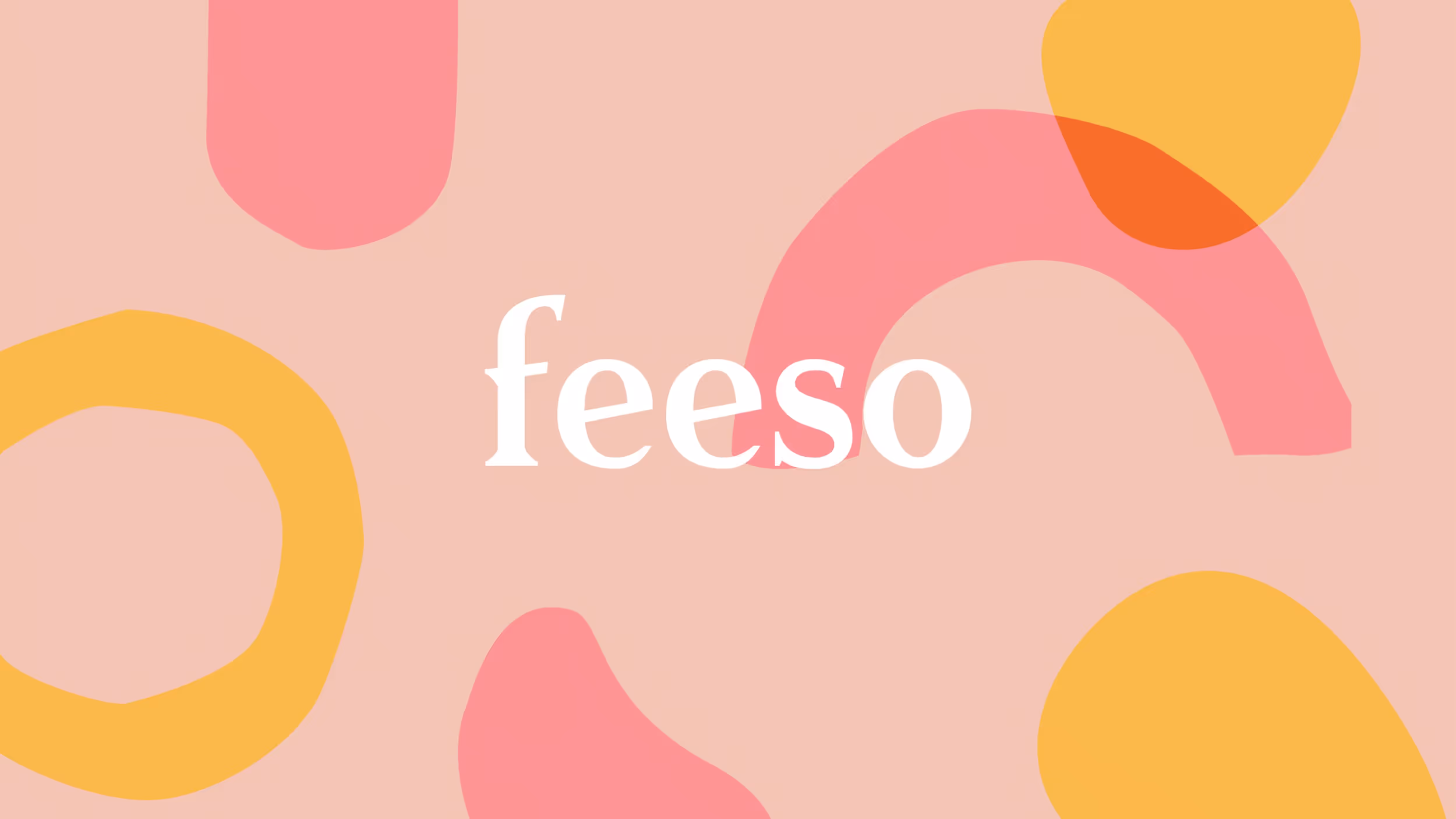 Text 'feeso' in white centered on a peach background with abstract pink and orange shapes.