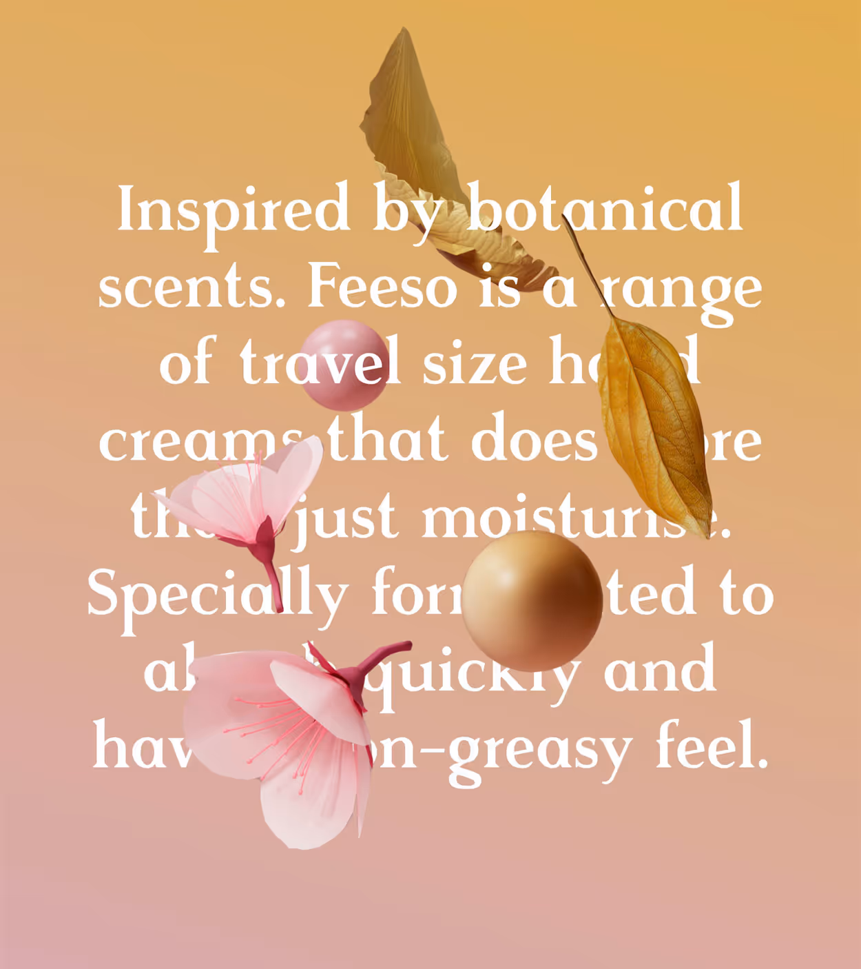 Text about Feeso travel size hand creams inspired by botanical scents, over a gradient background with floating pink flowers, golden leaves, and spheres.