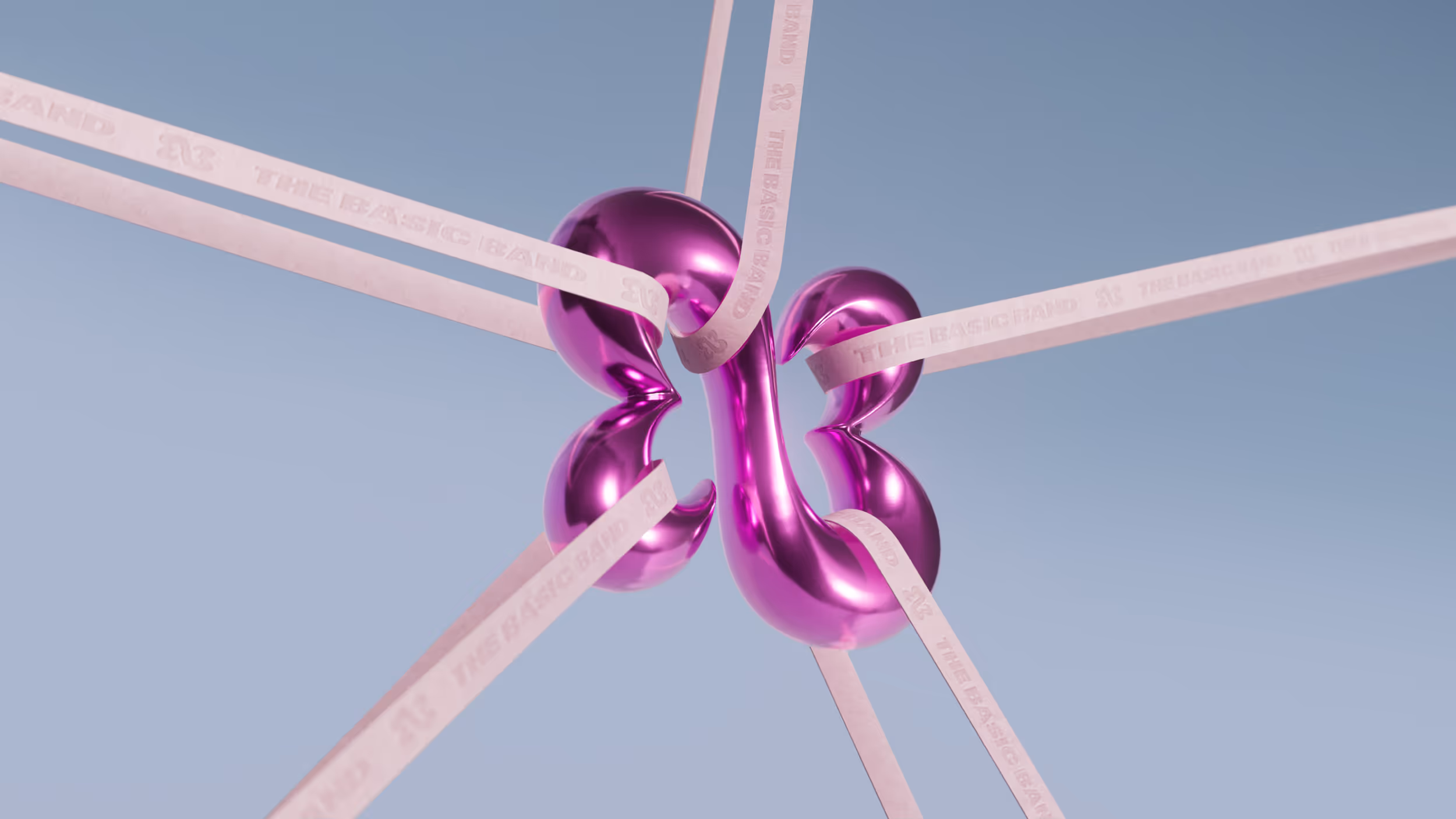 Shiny magenta abstract 3D shape intertwined with multiple pale pink ribbons labeled 'THE BASIC BAND' against a light blue background.
