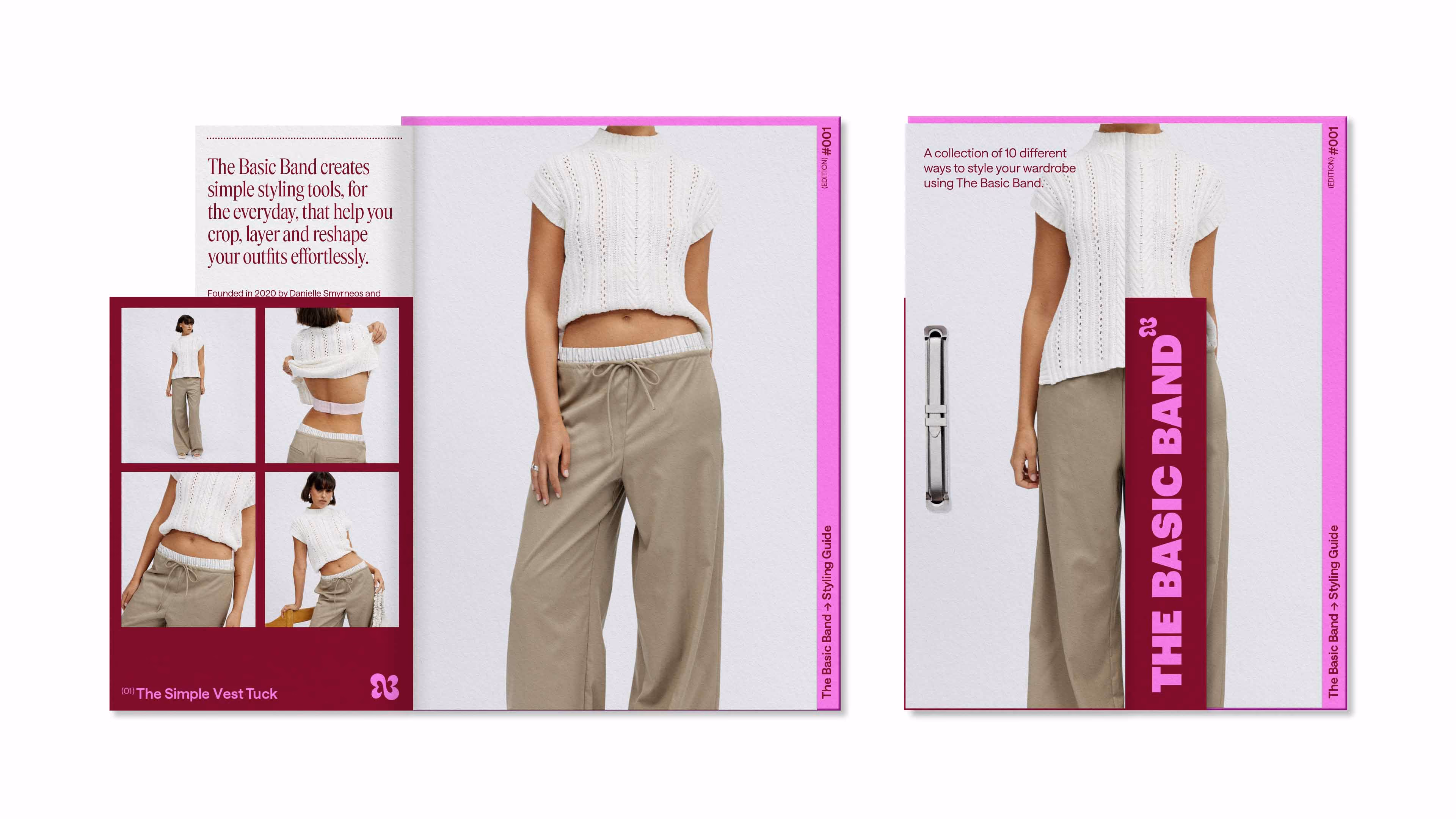 Fashion lookbook spread featuring a model wearing a white knit sleeveless top and beige wide-leg pants, with text describing The Basic Band's styling tools and a collage showing 'The Simple Vest Tuck' styling method.