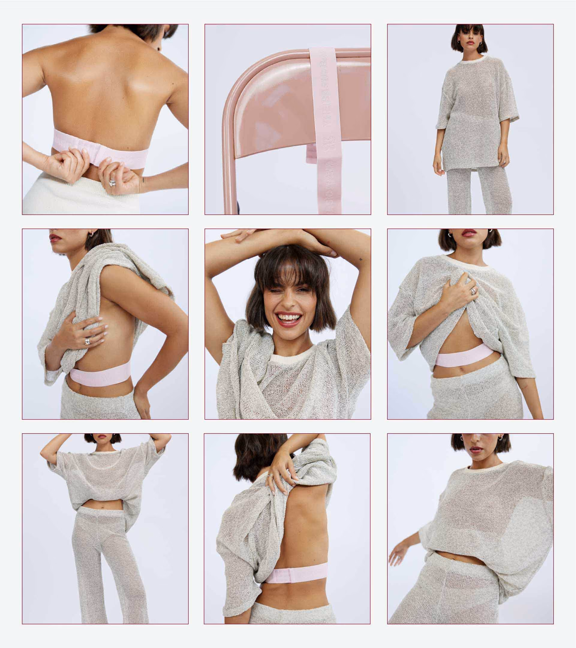 Photo collage featuring a woman modeling a light pink strapless bra and a matching beige knit sweater and pants set, showing various poses and close-ups.
