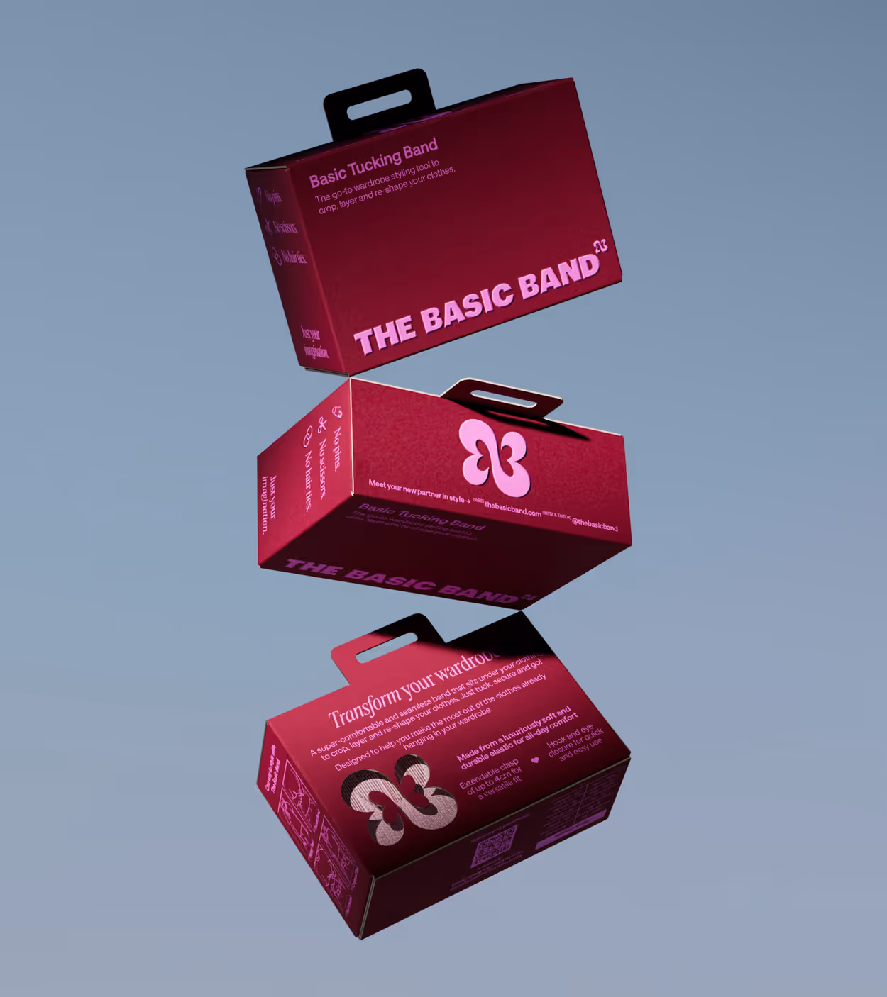 Three stacked magenta boxes with text describing 'The Basic Band' wardrobe styling tool for cropping, layering, and reshaping clothes.