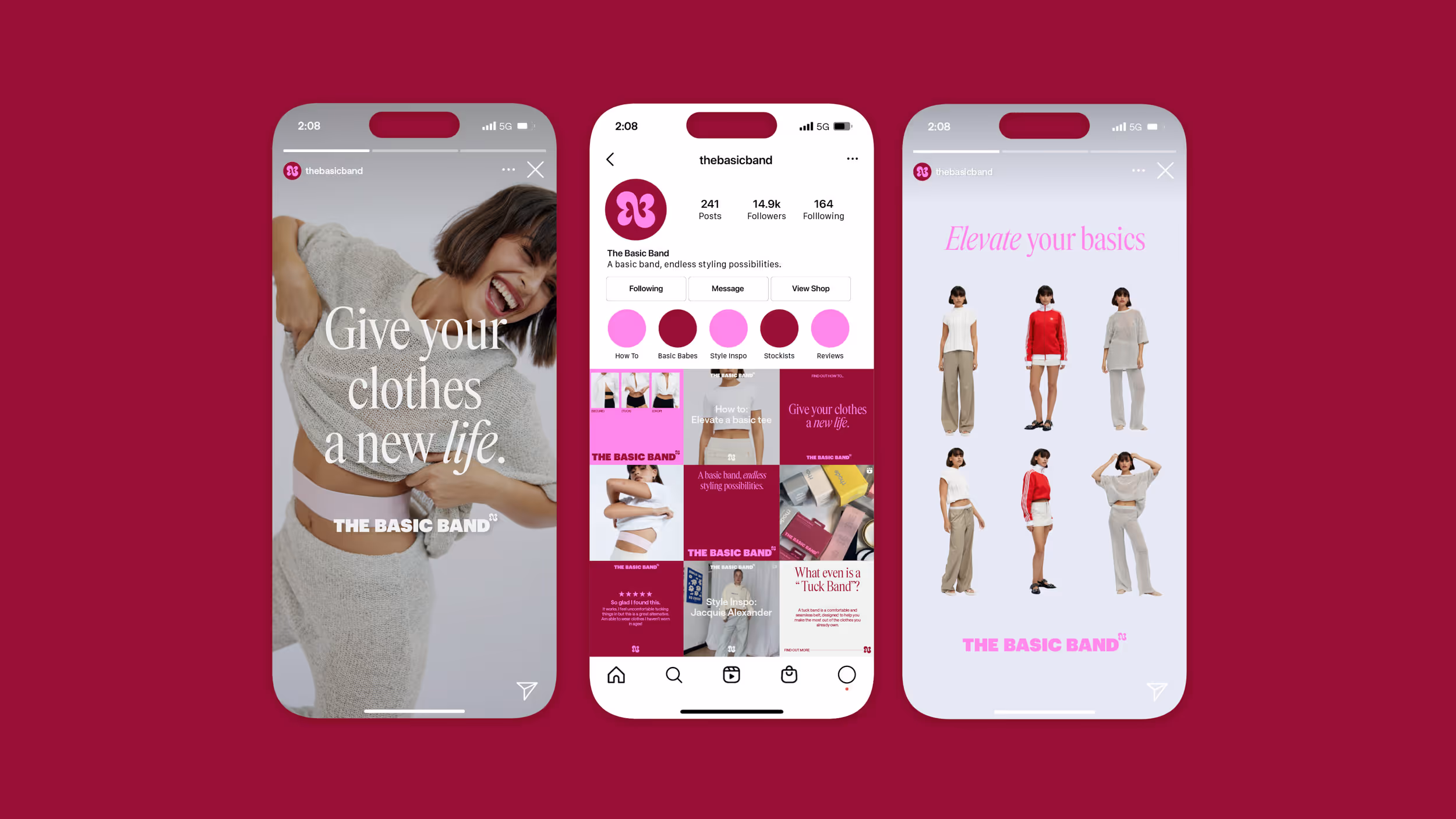Three smartphone screens showing The Basic Band Instagram content including stylish outfits displayed by models and text promoting wardrobe styles.