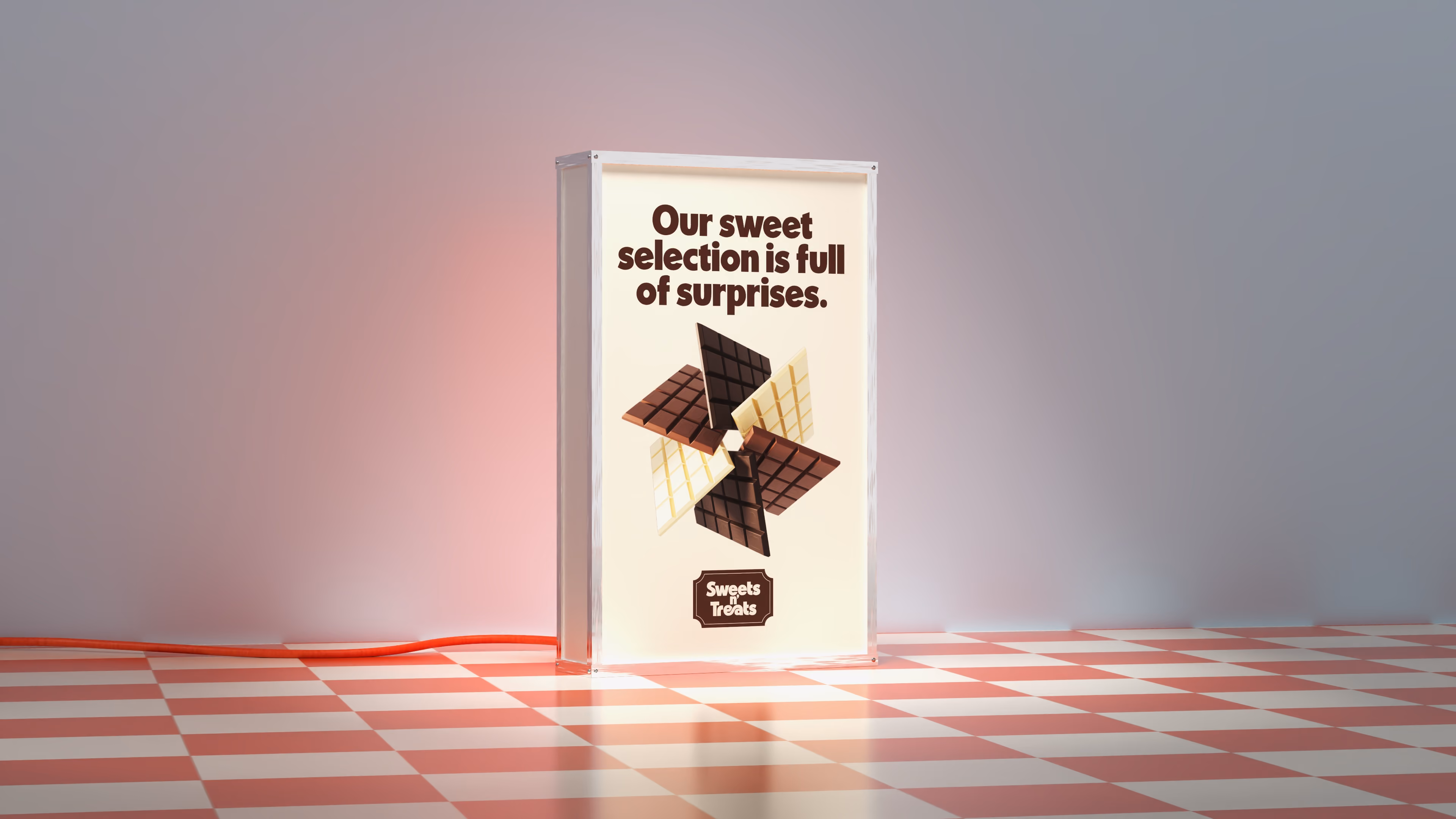 Lightbox display with an image of assorted chocolate bars and text saying 'Our sweet selection is full of surprises.' over a checkered red and white floor.