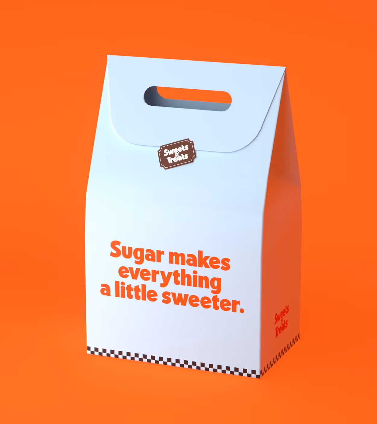 White gift bag with handle on bright orange background, text reads 'Sugar makes everything a little sweeter.'