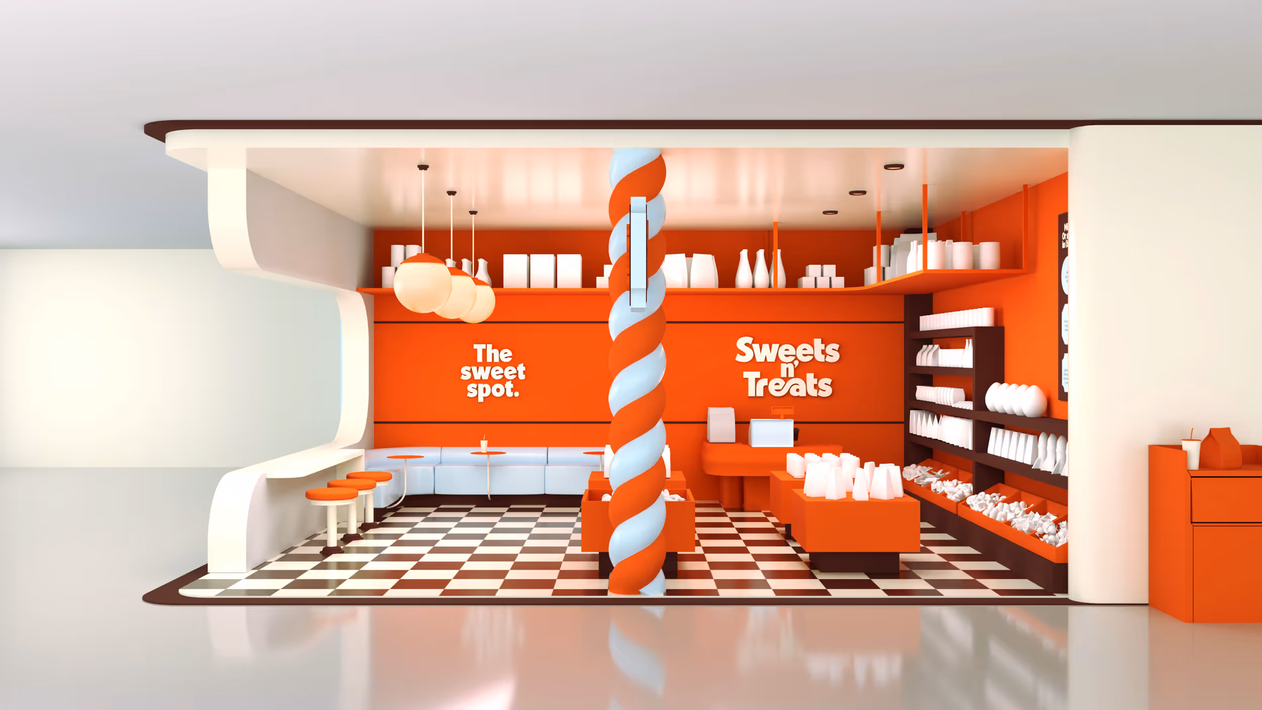 Bright orange and white candy store interior with checkered floor, twisting striped pillar, seating area, and shelves of sweets.