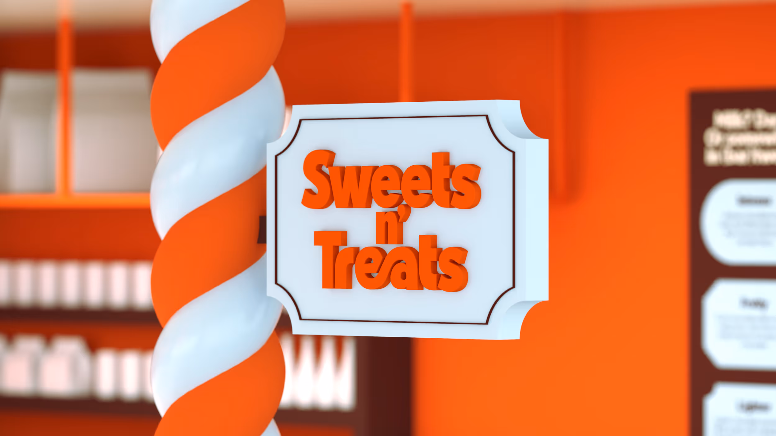White and orange striped pole with a sign that reads 'Sweets n’ Treats' in orange letters against an orange background.