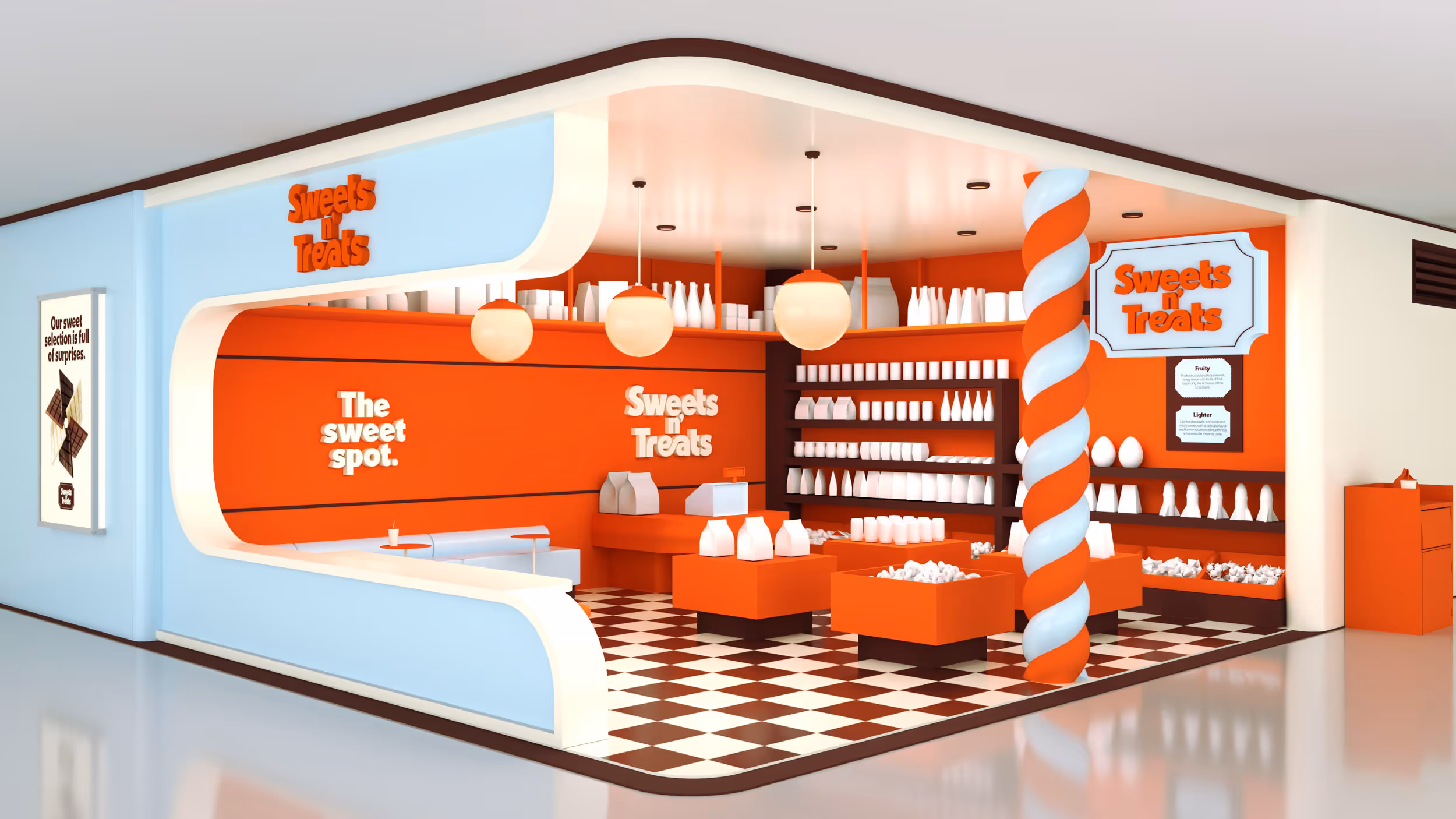 Bright orange and white candy store interior named 'Sweets n Treats' with shelves, display bins, and a checkered floor.
