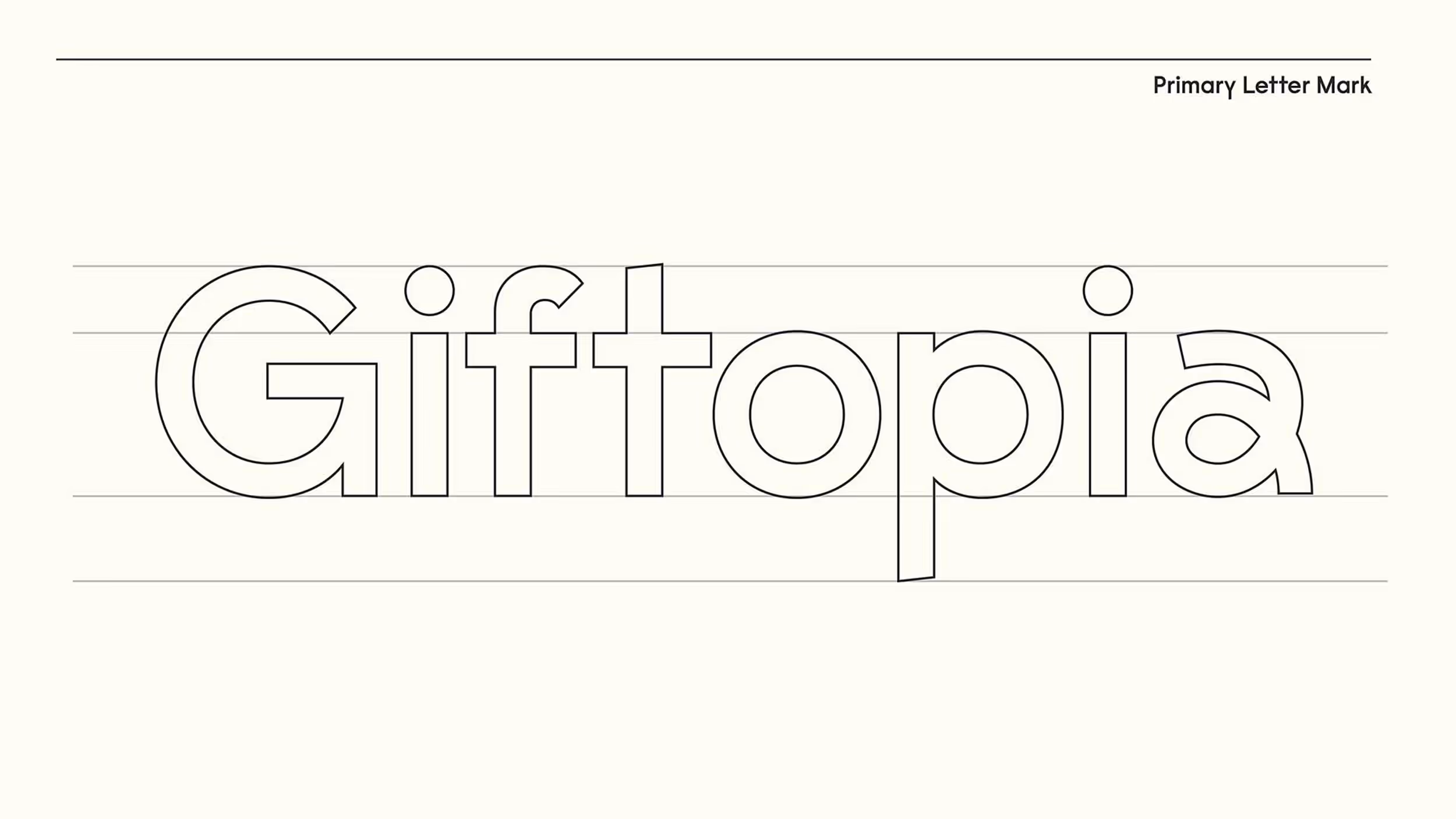 Outlined letter mark of the word 'Giftopia' in a bold, sans-serif font with horizontal guide lines in the background.