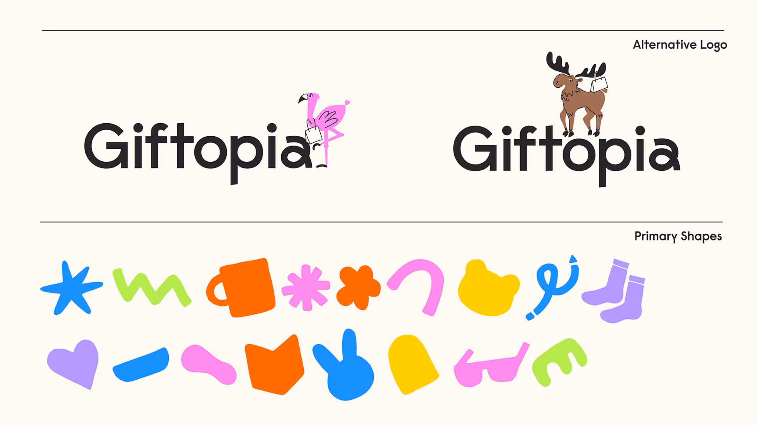 Giftopia logo with a pink flamingo holding a gift bag on the letter 'i' and an alternative logo with a moose holding a gift bag on the 'i', below are colorful abstract shapes labeled as Primary Shapes.