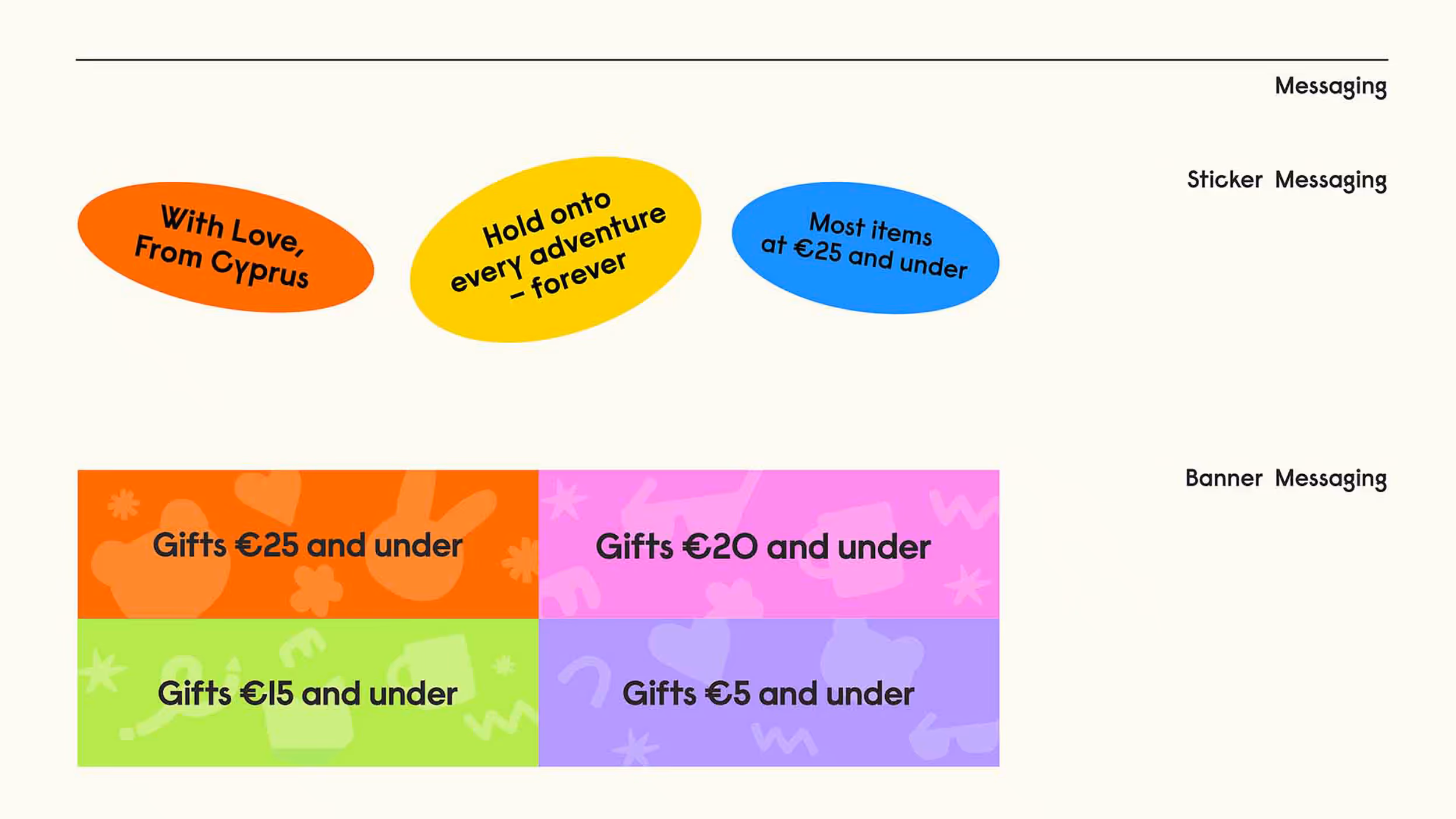 Colored stickers and banners with gift price messaging: orange sticker says 'With Love, From Cyprus', yellow sticker says 'Hold onto every adventure - forever', blue sticker says 'Most items at €25 and under', and banners show 'Gifts €25 and under', 'Gifts €20 and under', 'Gifts €15 and under', and 'Gifts €5 and under'.
