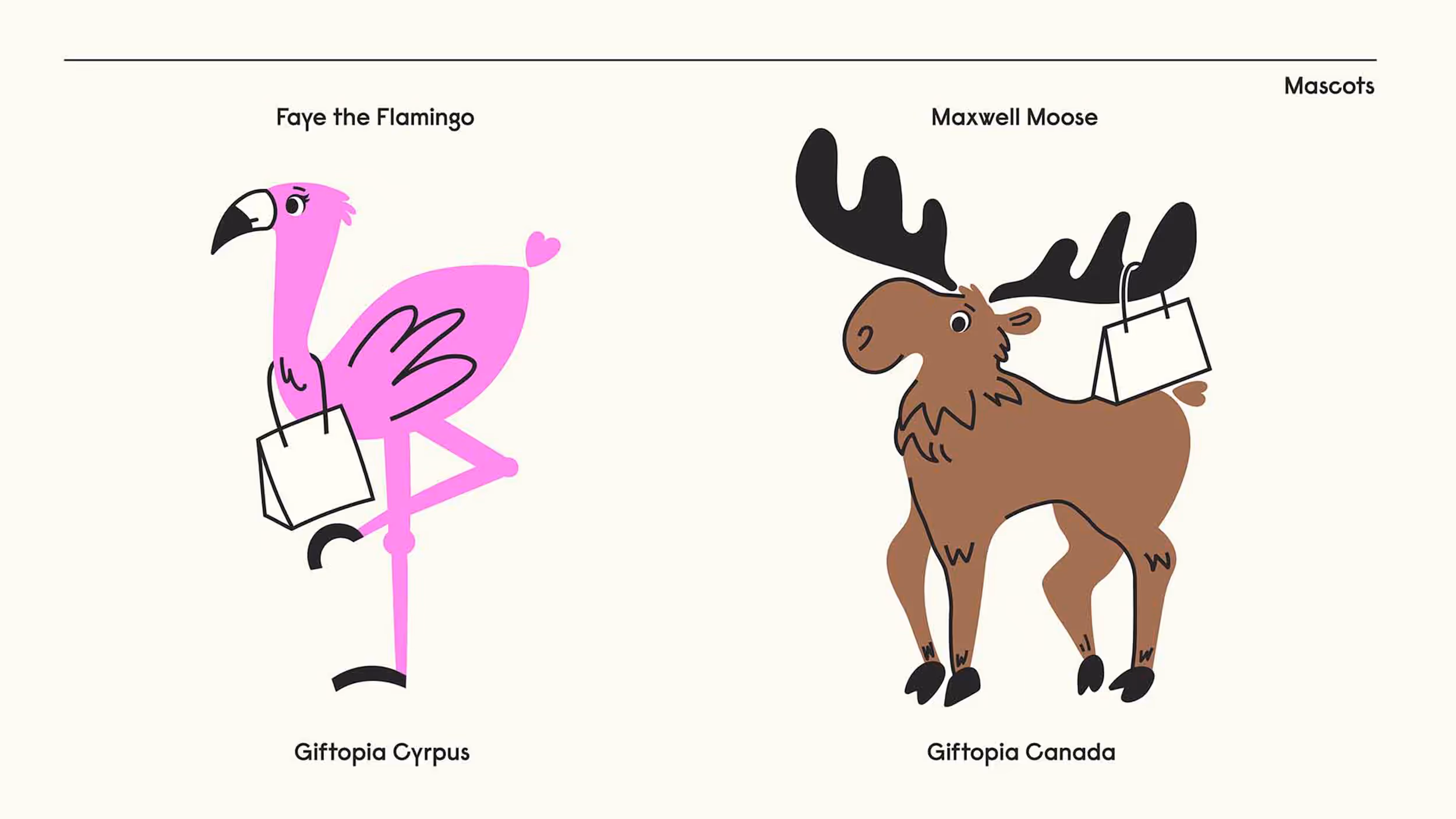 Cartoon mascots: pink flamingo named Faye holding a shopping bag on one leg for Giftopia Cyprus and brown moose named Maxwell holding a shopping bag on antler for Giftopia Canada.