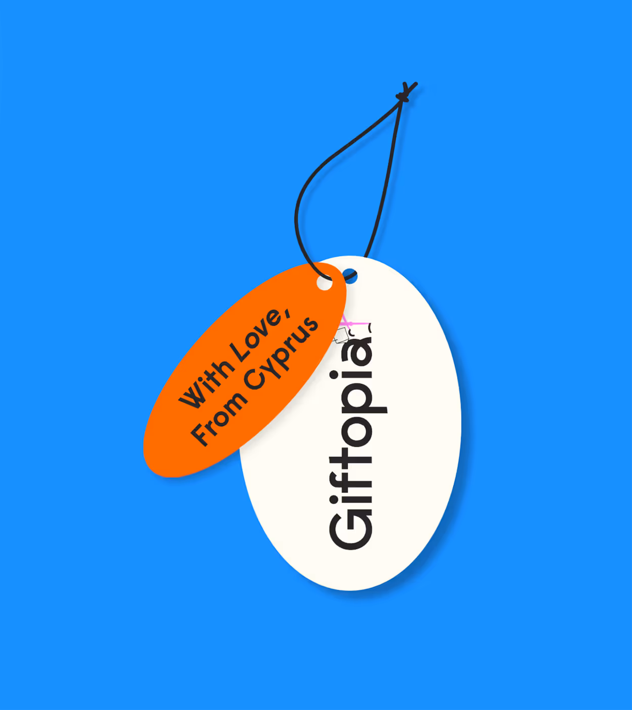Two hanging gift tags on a blue background, one white with the text 'Giftopia' and one orange with the text 'With Love, From Cyprus'.