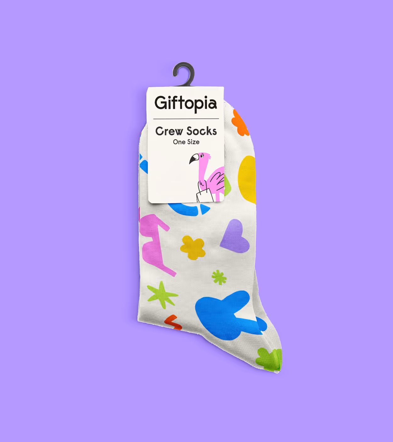 White Giftopia crew sock with colorful abstract shapes including hearts, stars, and flowers on a purple background.