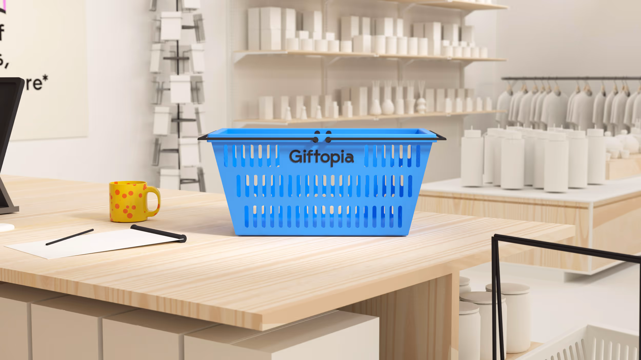 Blue plastic shopping basket with the word 'Giftopia' on a wooden store counter with shelves and clothing racks in the background.