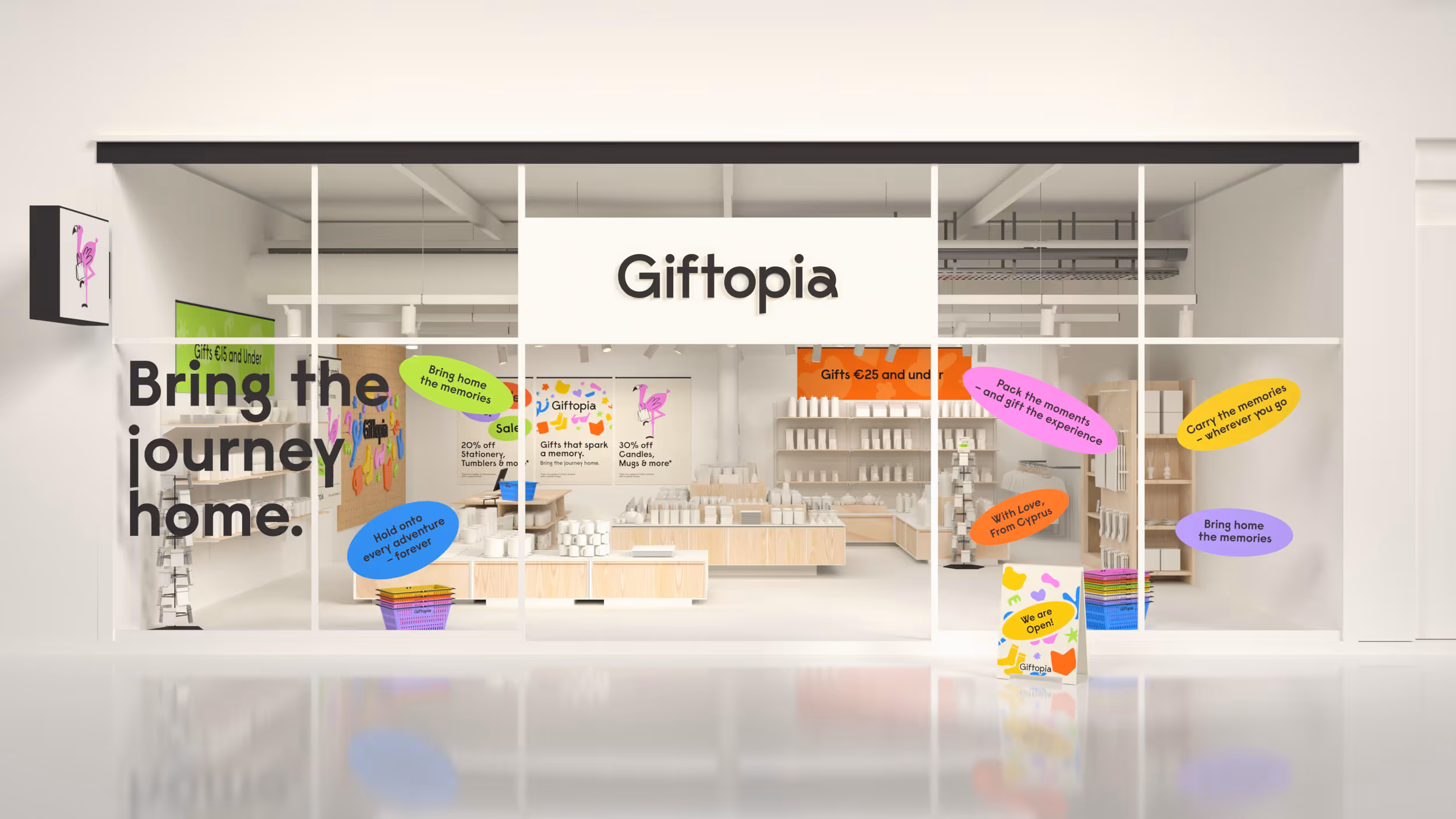 Giftopia storefront with promotional messages on the glass, displaying gift items inside the store with shelves and tables.