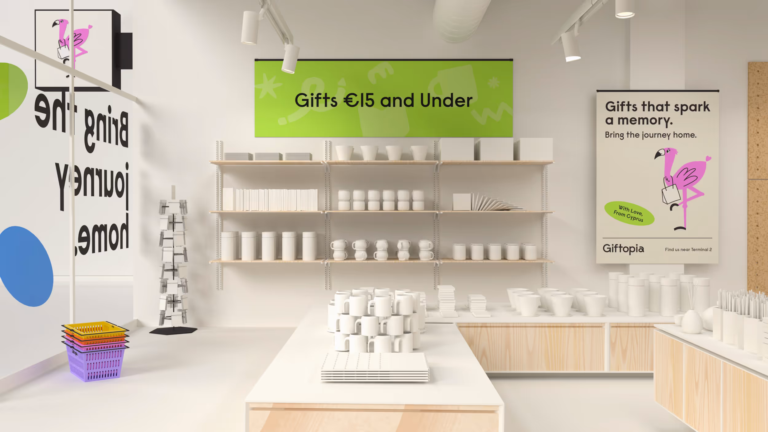 Modern gift shop interior with shelves and tables displaying white ceramic mugs, bowls, and containers under a green sign reading 'Gifts €15 and Under'.