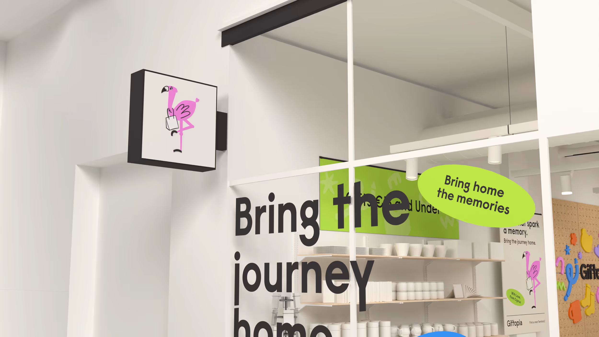 Modern store interior with a flamingo logo sign and text on the glass reading 'Bring the journey home' and a green oval sticker saying 'Bring home the memories'.
