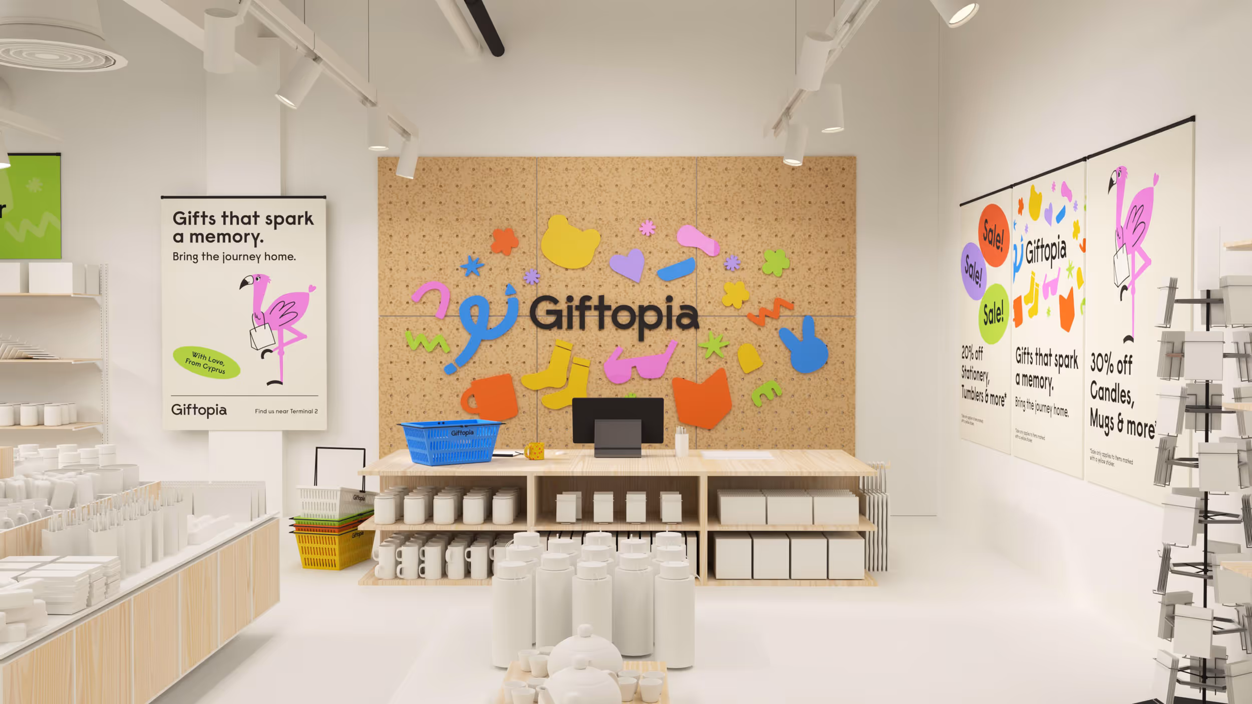 Bright, modern Giftopia store interior featuring shelves of white mugs and candles, colorful logo display, and promotional posters.