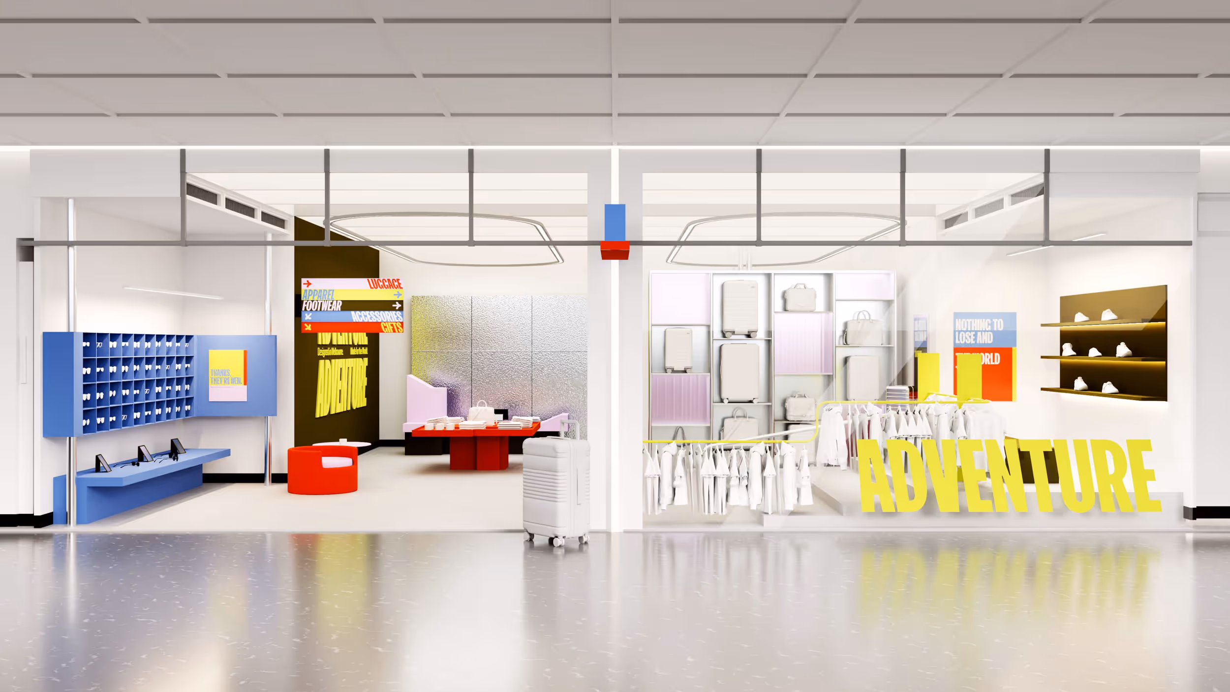 Modern retail store interior with blue parcel lockers on the left, white suitcase display in the center, and white clothing racks with 'ADVENTURE' text on the right.