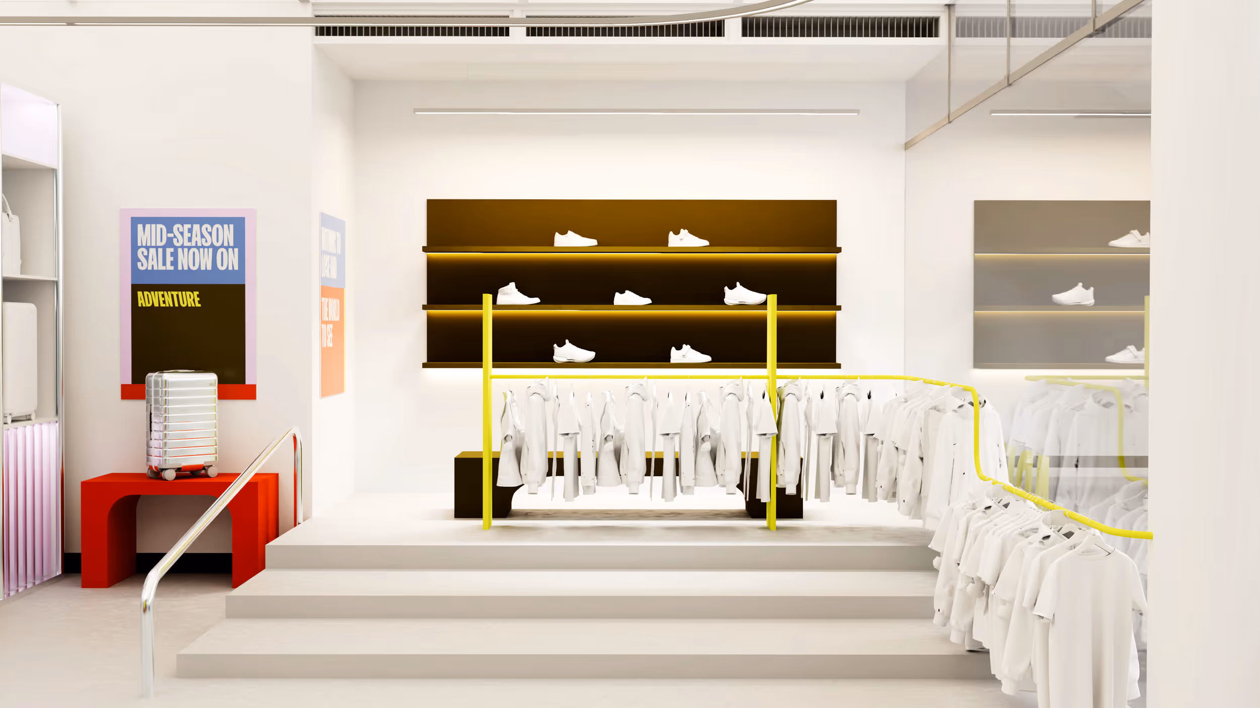 Minimalist clothing store interior with white t-shirts on yellow racks, white sneakers on illuminated dark shelves, and a silver suitcase on a red table.