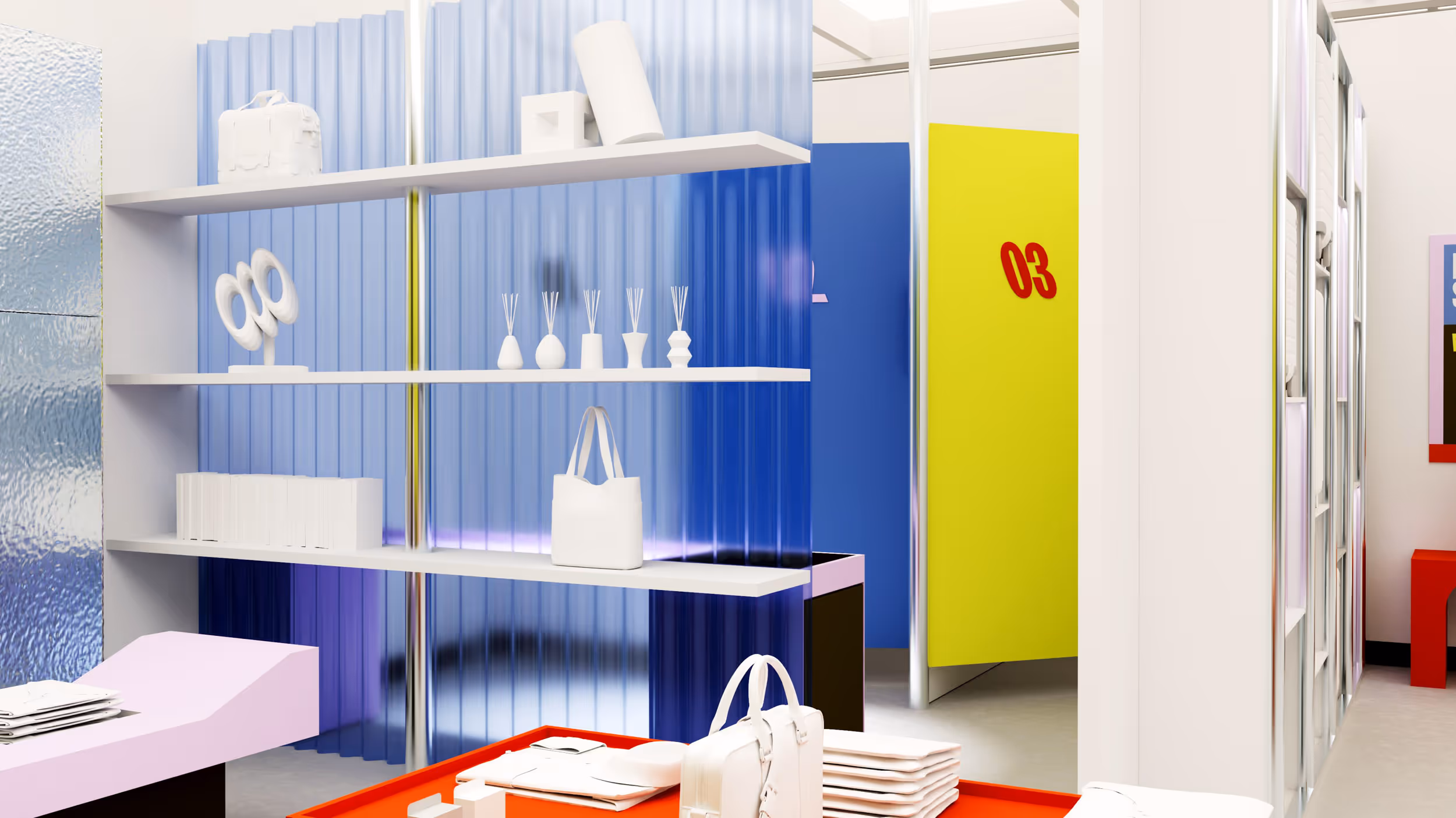 Modern store interior with white shelves displaying bags, decorative items, and books in front of blue and translucent panels, with a yellow changing room door numbered 03.