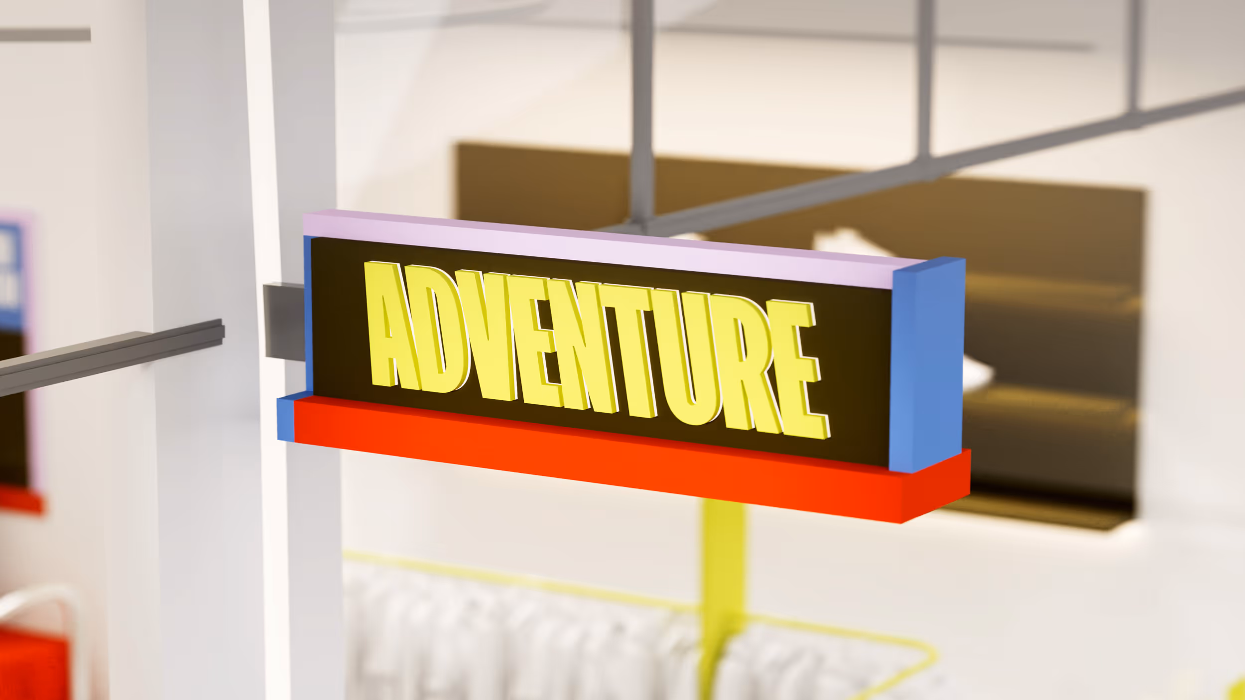 Colorful hanging sign with bold yellow letters spelling Adventure in a store interior.