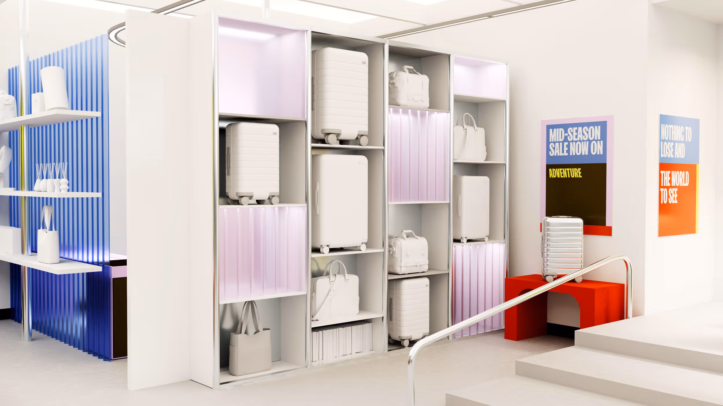 Modern retail space displaying white luggage and handbags on shelves, with colorful sale posters on a white wall.