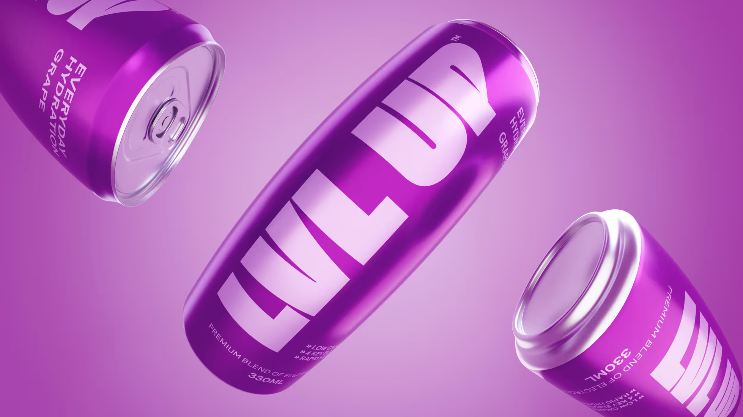 Three purple LVL UP drink cans with grape flavor and the text Everyday Hydration on a purple background.
