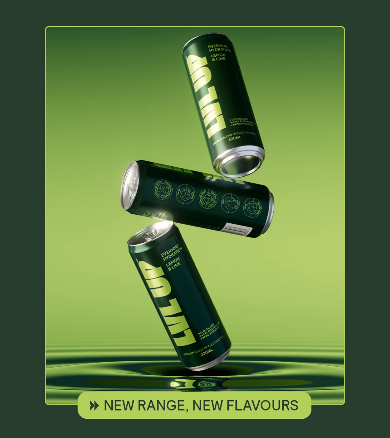 Three green cans of LVL UP Everyday Hydration Lemon & Lime flavor suspended above water with ripples, text 'New range, new flavours' below.