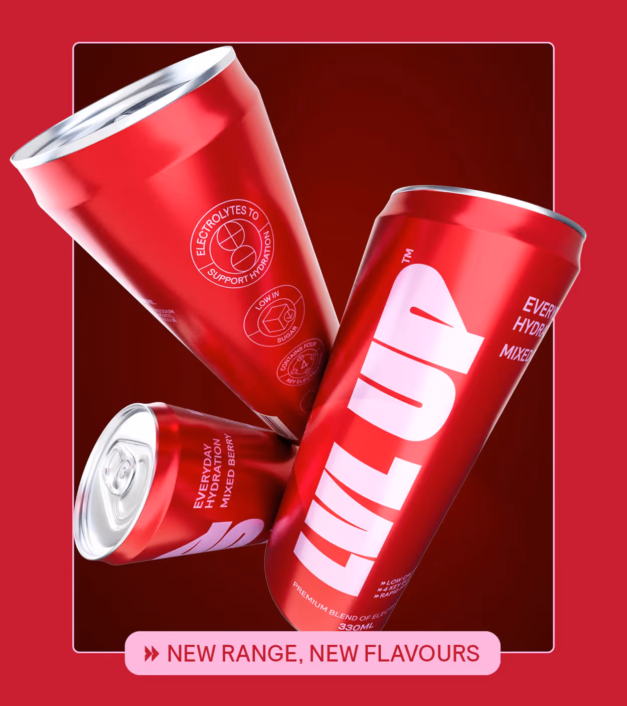 Three red cans of LVL UP hydration drink with text 'Everyday Hydration Mixed Berry' and a banner saying 'New Range, New Flavours'.