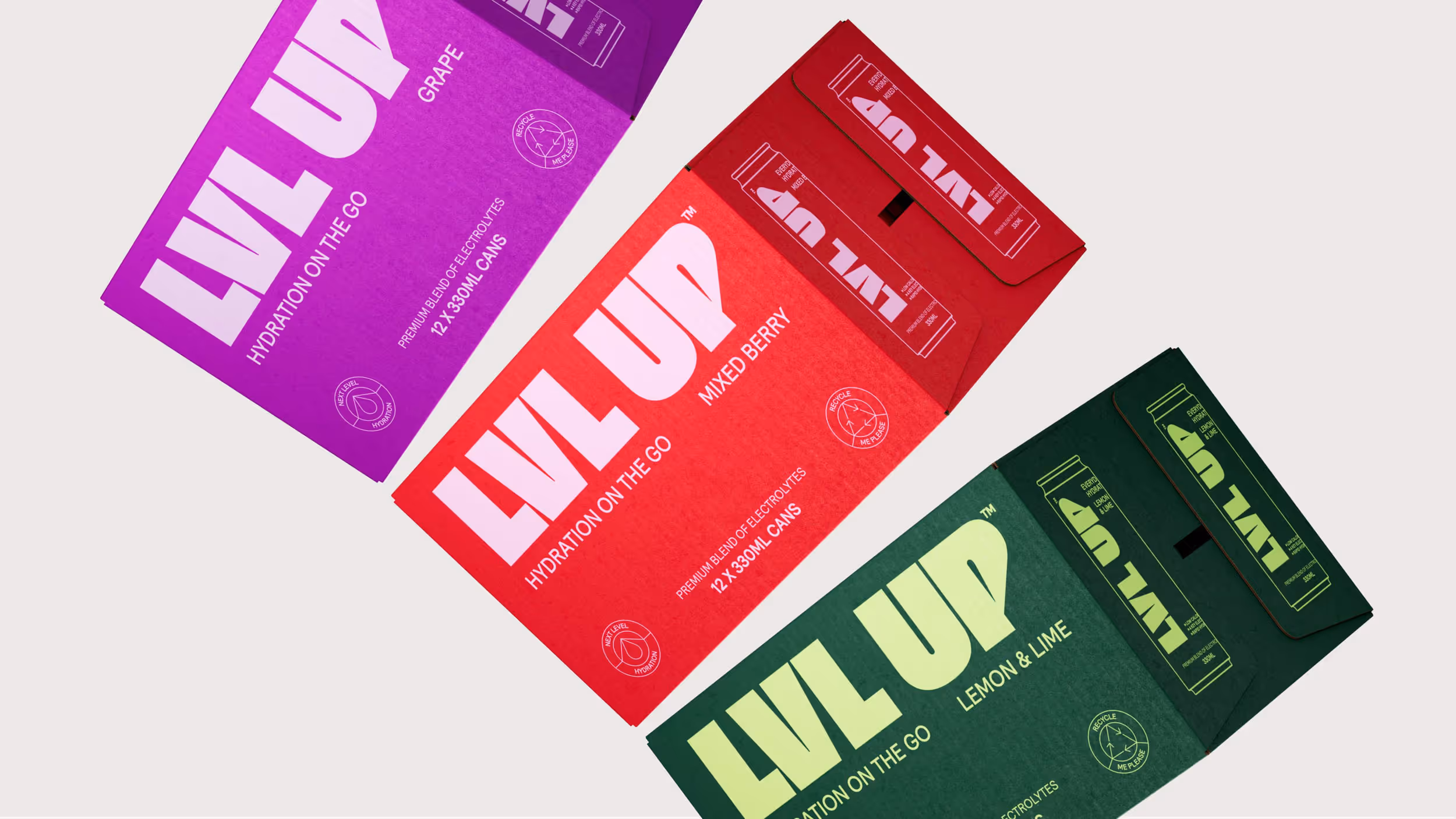Three opened boxes of LVL UP hydration drinks in grape, mixed berry, and lemon & lime flavors with 12 cans each.