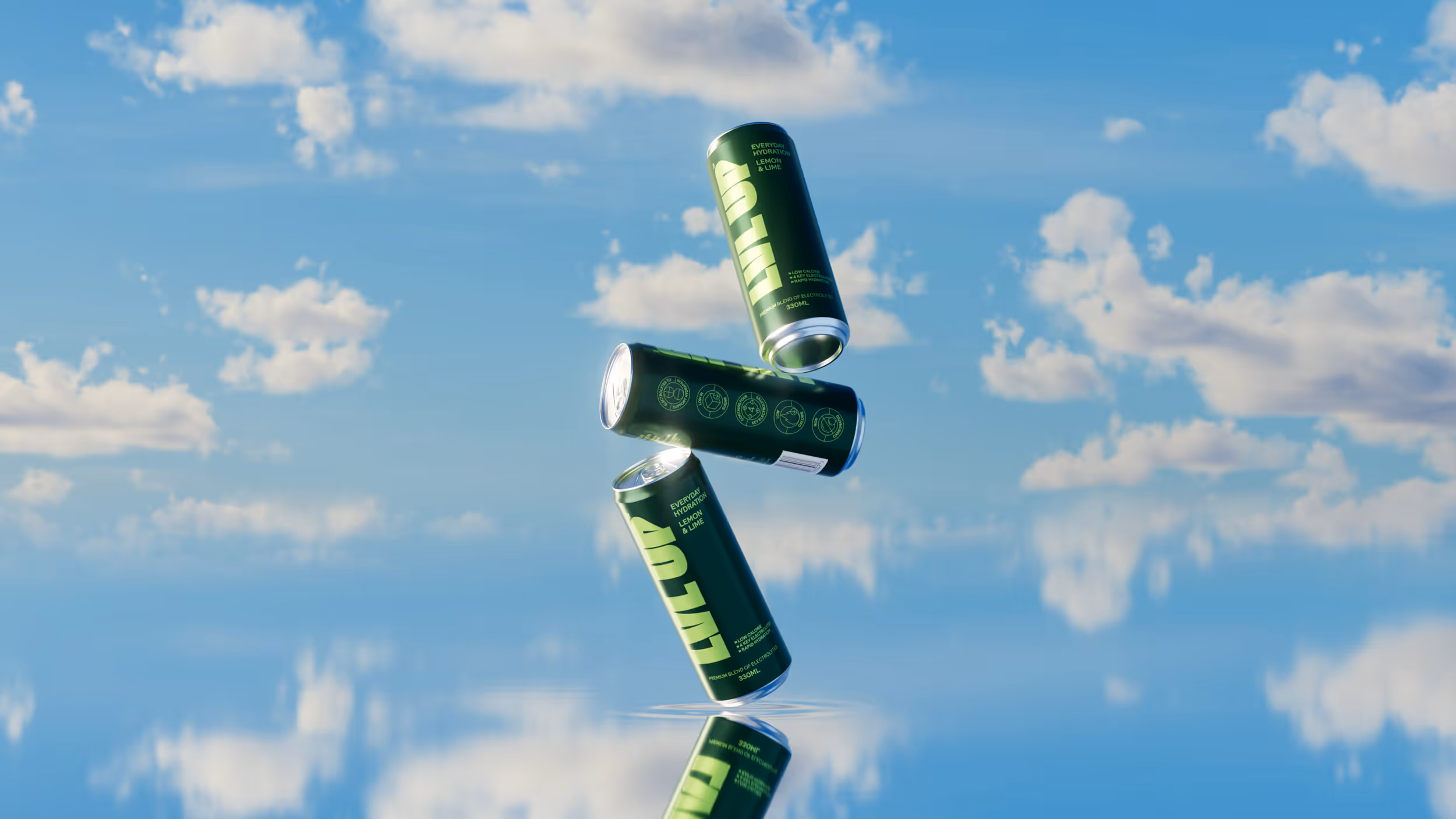 Three green cans of LIVUP lemon & lime hydration drink floating against a blue sky with clouds and reflected on a glossy surface.