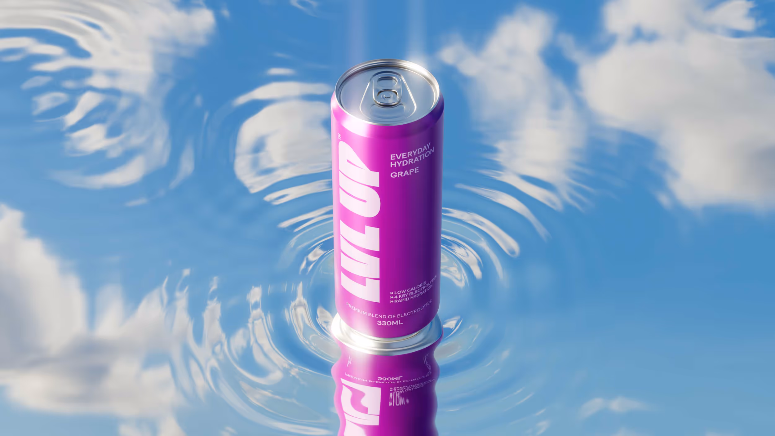 Purple LVL UP grape-flavored hydration drink can floating on water with ripples.