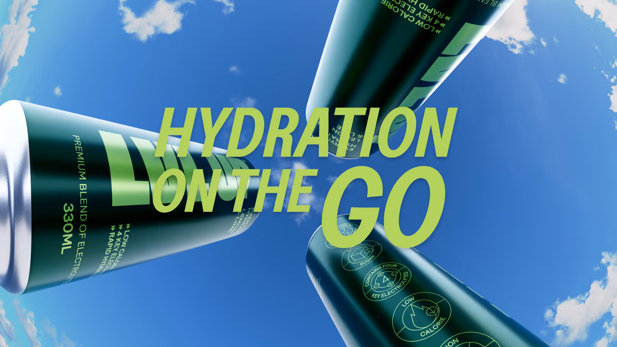 Three green cans of a hydration drink against a blue sky with text Hydration On The Go.
