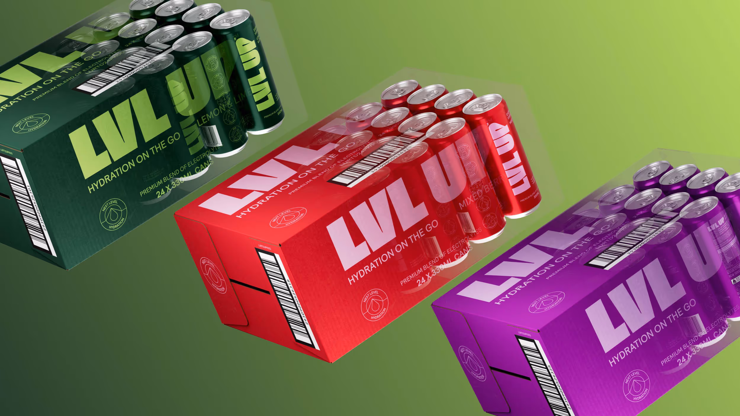 Three 24-can packs of LVL UP hydration drinks in green, red, and purple with matching 330ml cans on a green background.