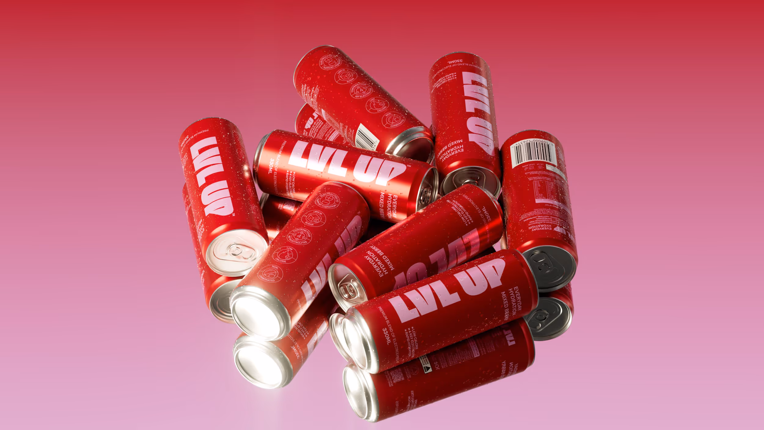 Pile of red cans with LVL UP branding on a pink gradient background.