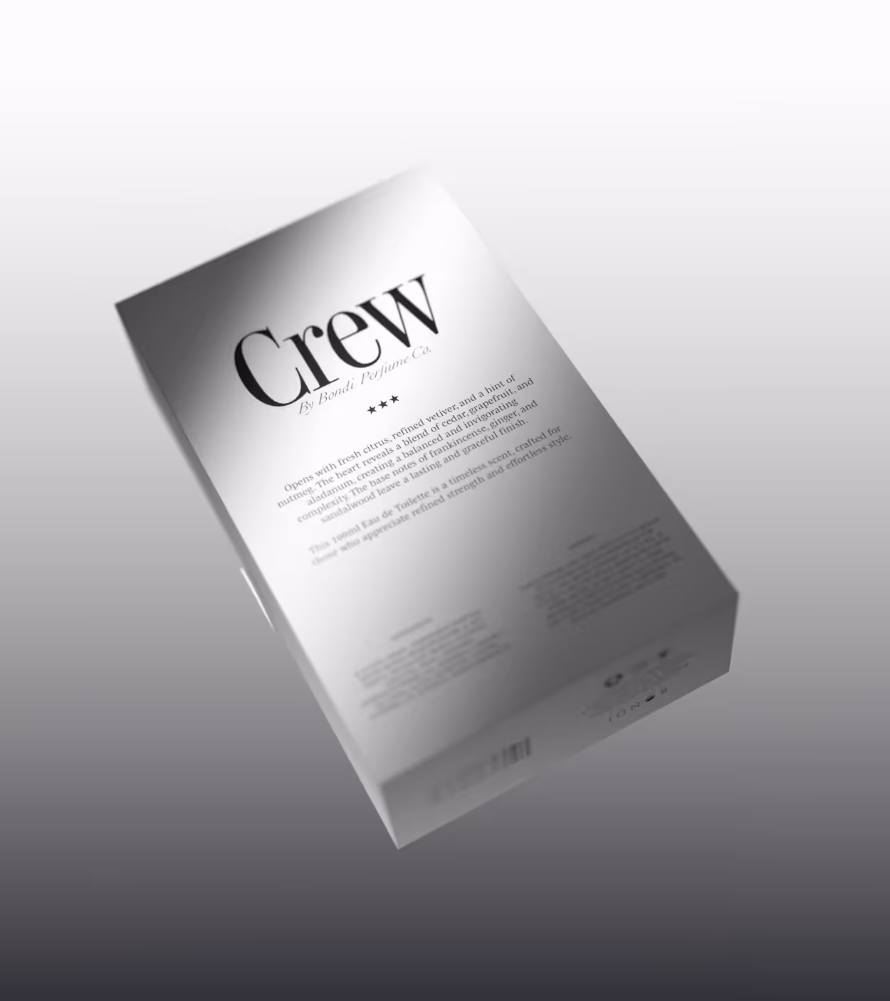 Silver packaging box for 'Crew By Bondi Perfume Co.' Eau de Toilette with product description text.