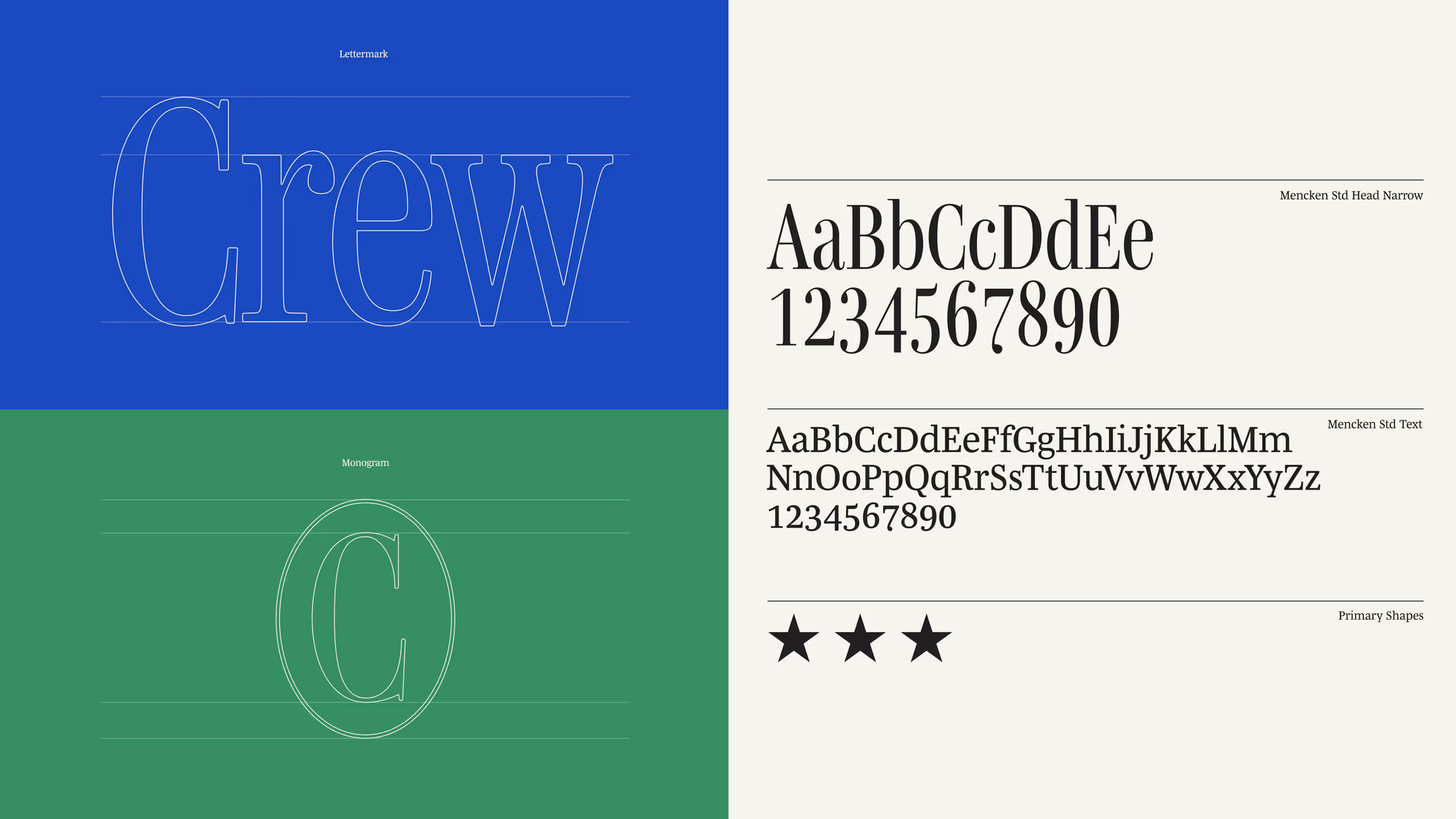 Typography guide showing lettermark 'Crew' outline, monogram 'C' inside a circle, fonts Mencken Std Head Narrow and Mencken Std Text with alphabet and numbers, and three black star shapes.