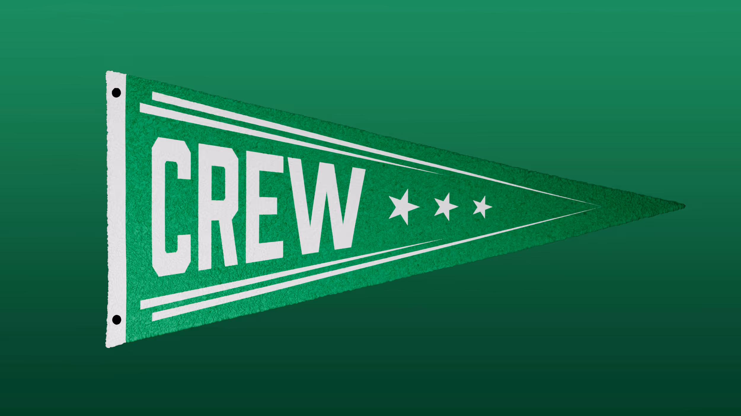 Green triangular pennant flag with white border, three stars, and large text reading 'CREW'.