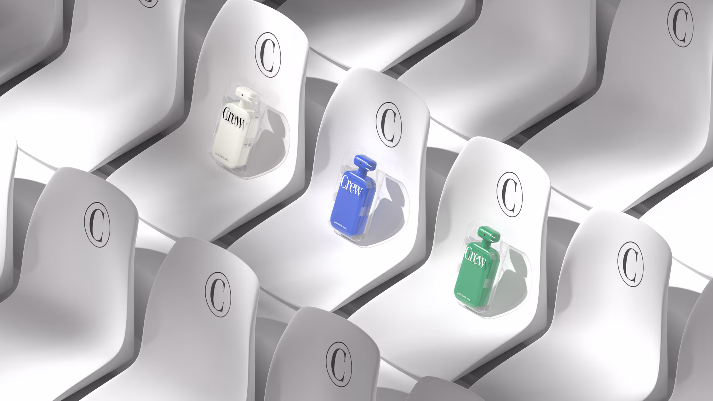 White seats with black letter C printed on the backrest, each holding a differently colored bottle labeled 'Crew' in white, displayed in clear holders.