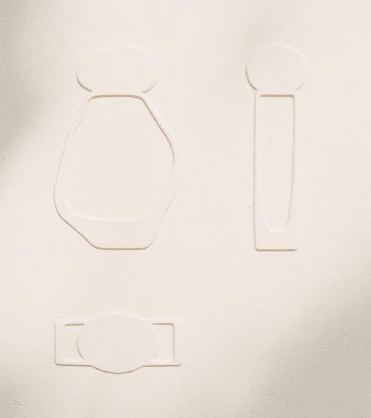Embossed outline of three abstract shapes on a light beige surface with shadows.