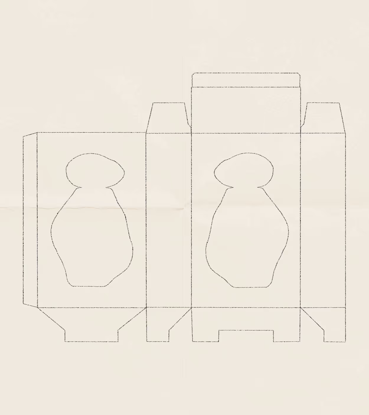 Flat foldable packaging template with cutout window shapes on two panels.