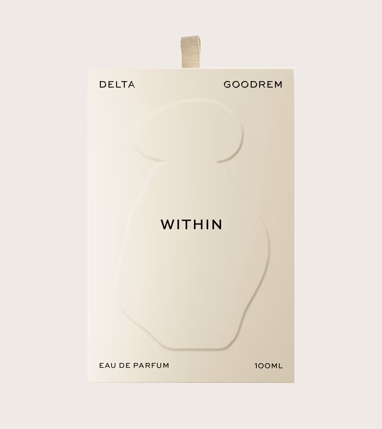 Cream-colored perfume packaging with embossed bottle shape, labeled 'Delta Goodrem Within Eau de Parfum 100ml'.