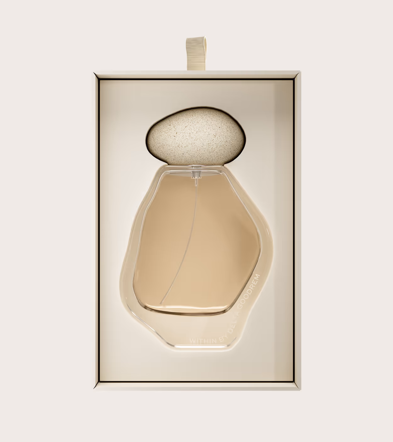 Minimalist perfume bottle with an irregular shape and stone-like cap inside a beige box.