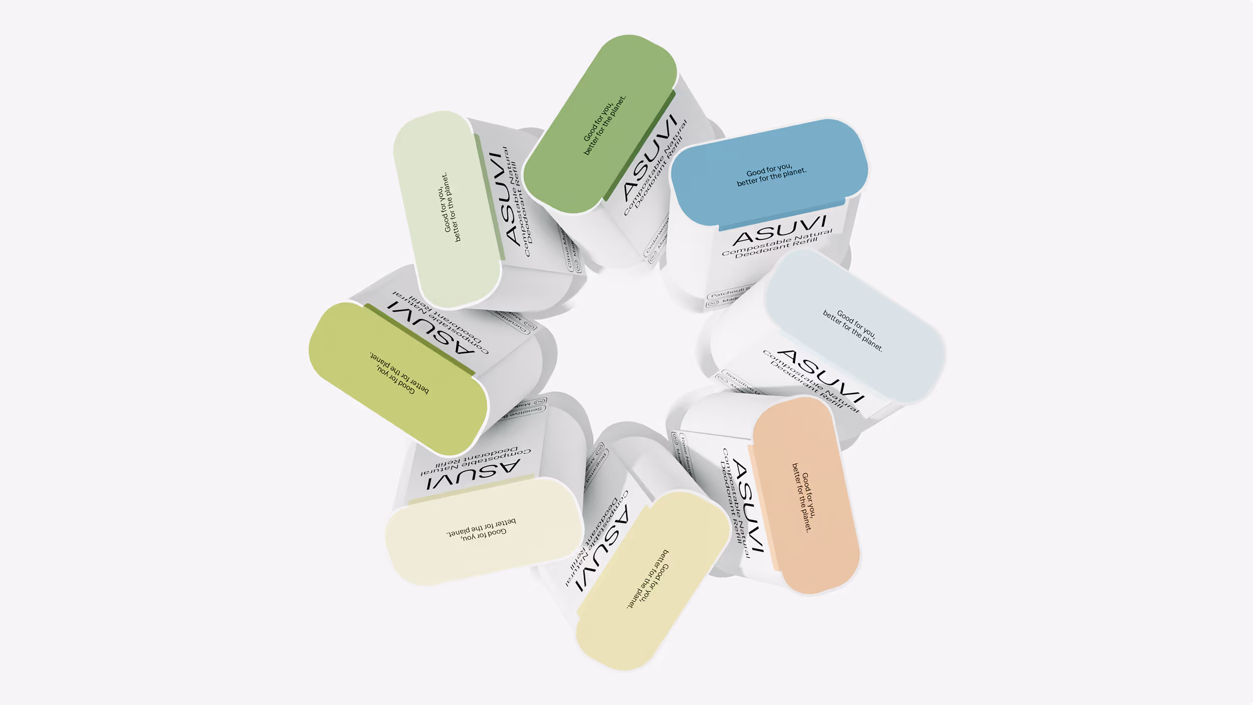 Top view of eight ASUVI compostable natural deodorant refills arranged in a circle, each with different pastel-colored lids.